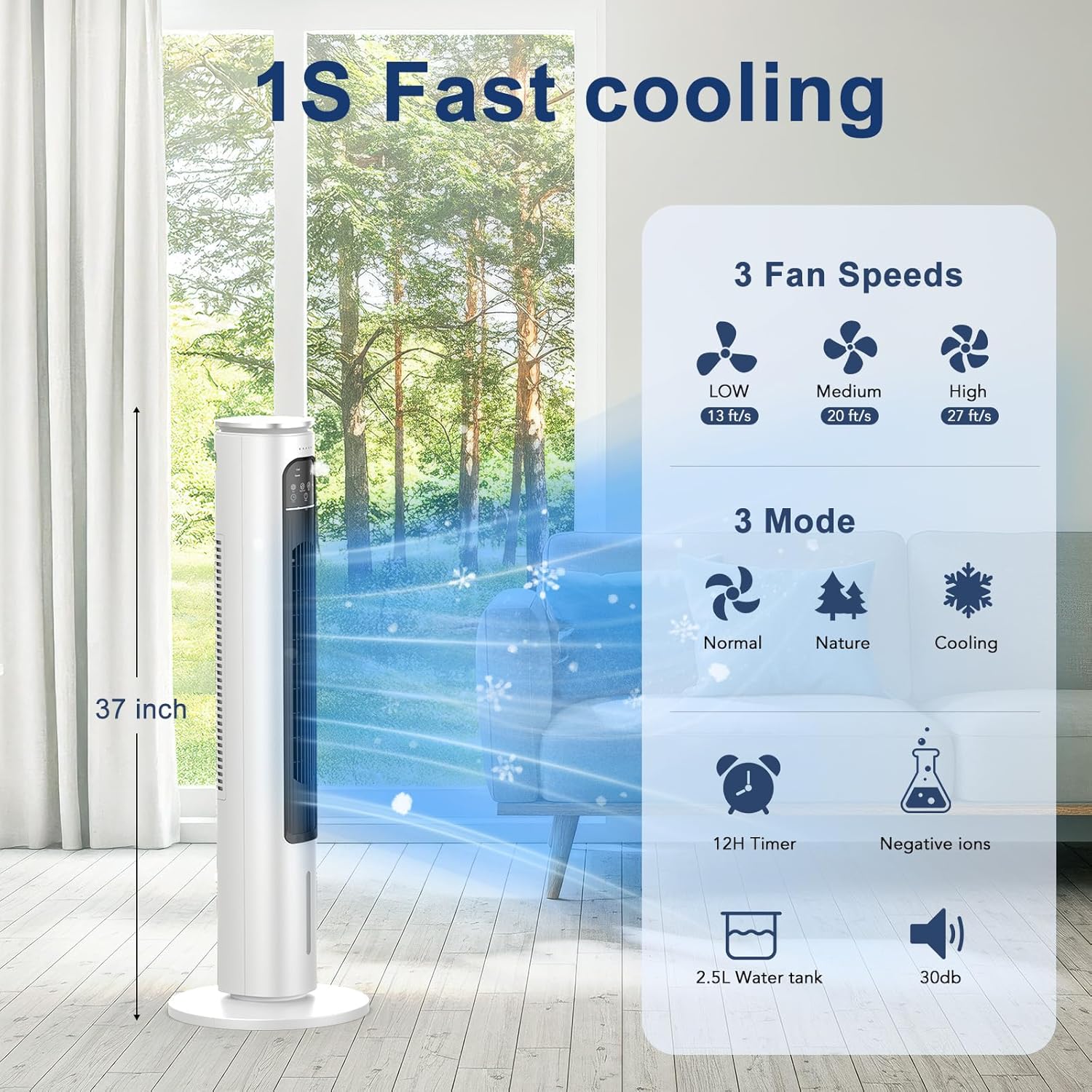 Windowless Portable Air Conditioner Ac Unit with Remote,37” Evaporative Air Cooler,Swamp Cooler for 4 Modes, 12H Timer, Removable Water Tank,Ice Packs,CoolingTower Fan for Bedroom,Outdoor,Indoor White