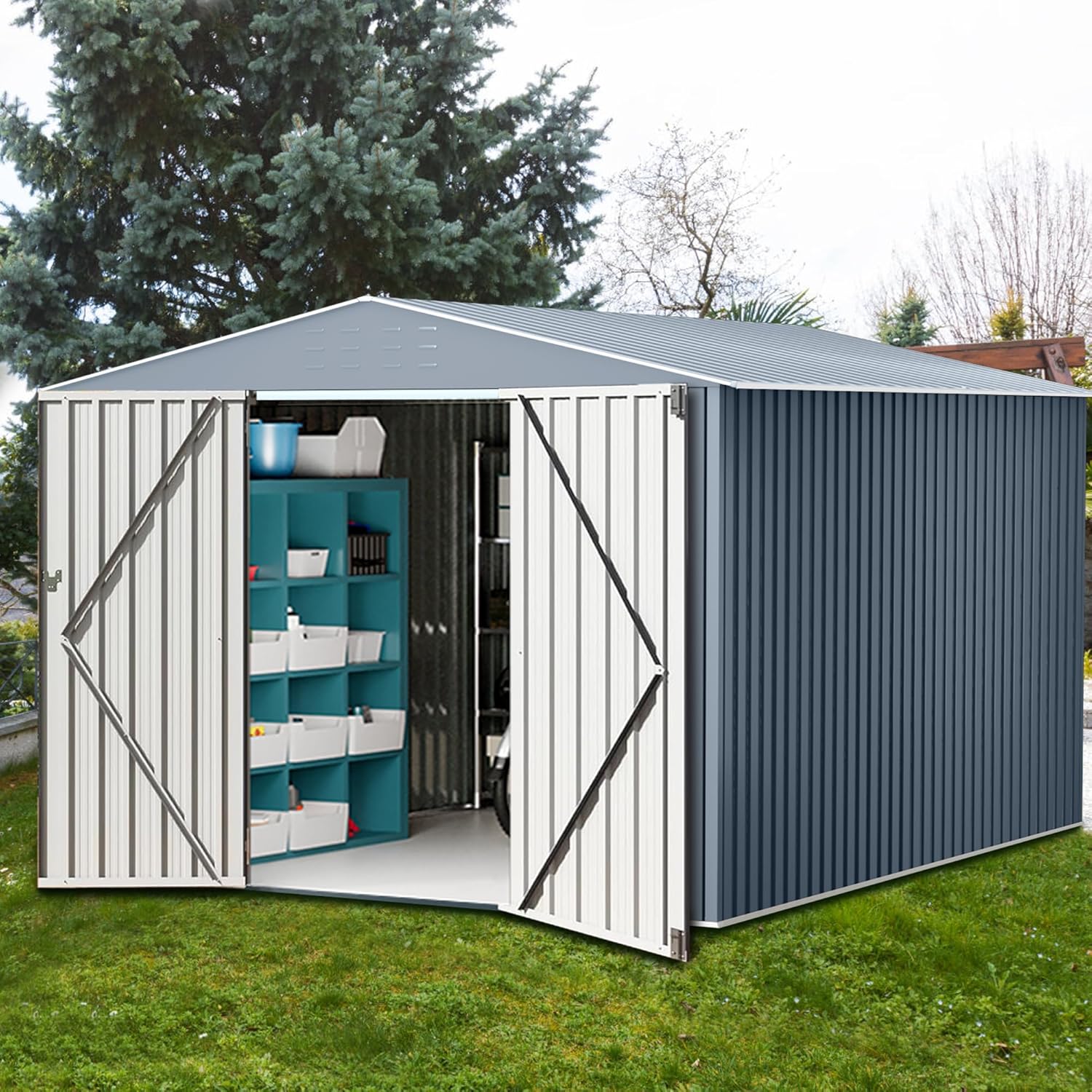 Outdoor Storage Shed,8x12 FT Large Garden Shed,Large Metal Tool Sheds with Sloping Roof and Vents,Updated Reinforced and Lockable Doors Frame Metal Storage Shed for Patio for Backyard,Patio,Garage