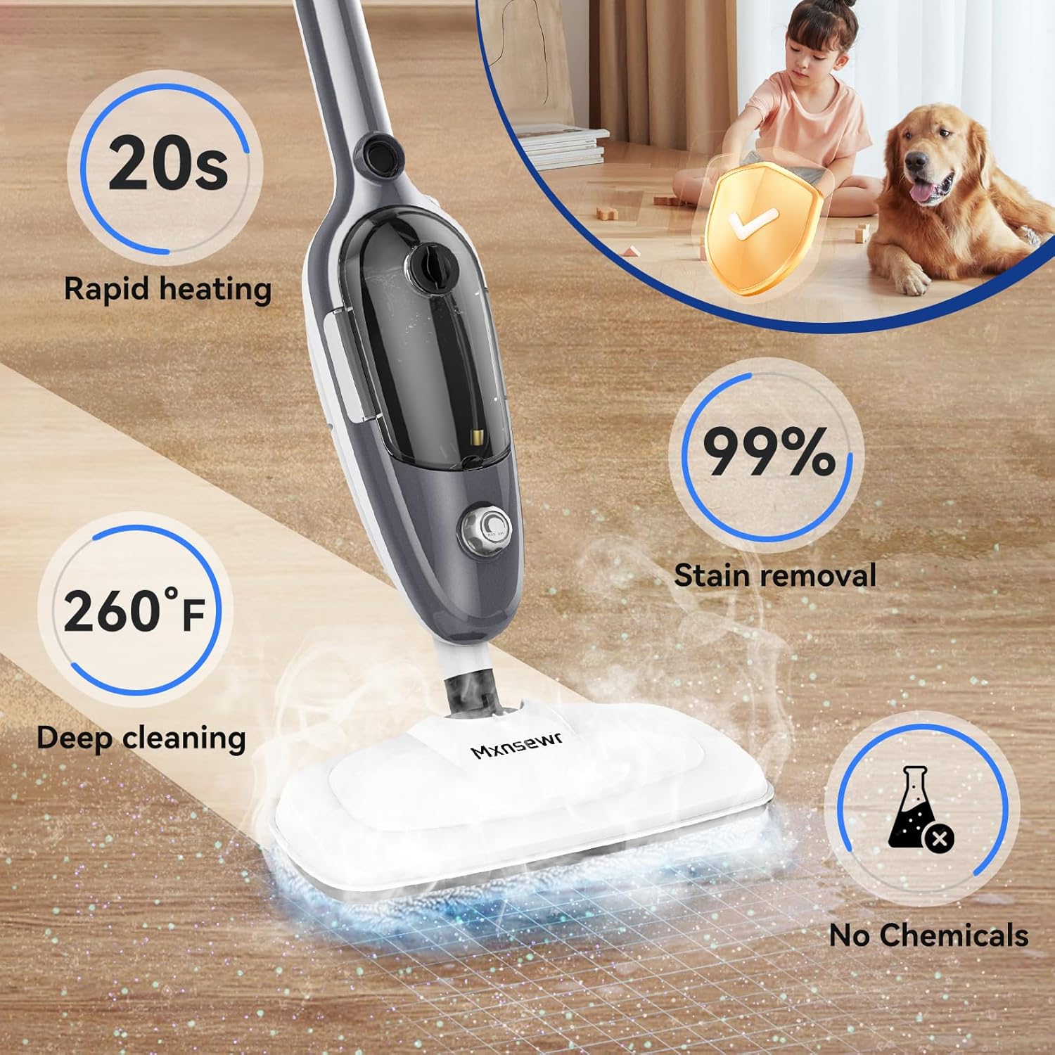 Steam Mop - All-in-one Powerful Handheld Steam Cleaner Detachable Floor Steamer with 11 Accessories, MultiPurpose Steamer for Hardwood Floors, Clothes,Windows,Tiles,Carpet, Whole Home Use,Grey