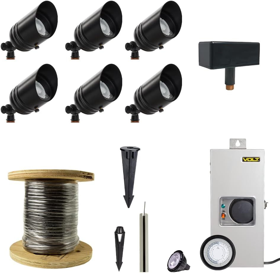 VOLT 12V Brass Fat Boy LED Outdoor Spotlight 6-Pack Kit (Black) with 150W Low Voltage Transformer for Landscape Lighting of Yard, Lawn, Garden, Patio, Trees & House