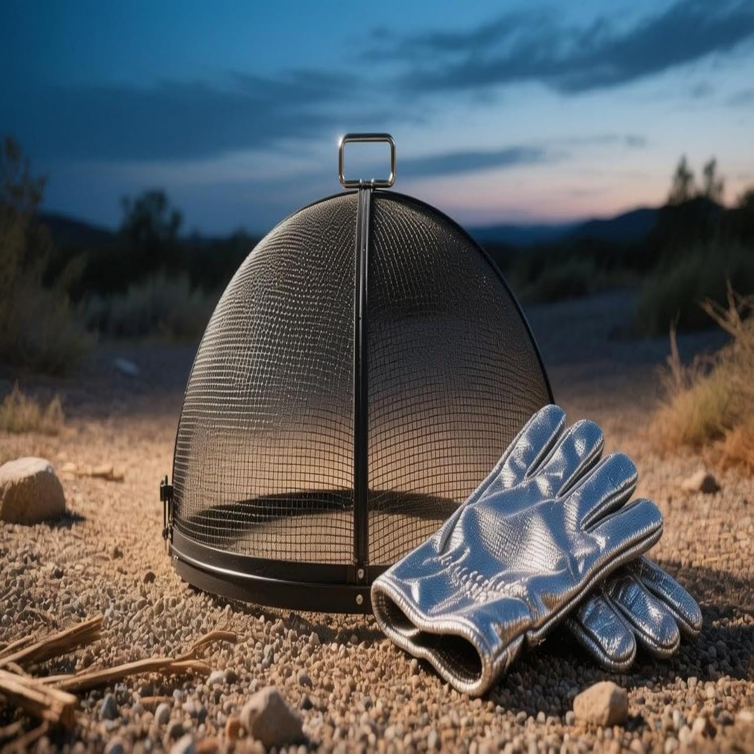 Fire Pit Cover, Outdoor Round Fire Pit Screen with Foldable Hook and Fire Safety Gloves, Heavy Duty Steel Mesh Fire Pit Cover, Fire Pit Lid for Backyard, Beach, RV Camping