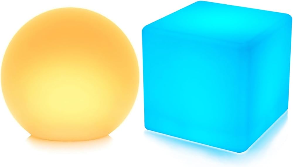 Mr.Go 14-inch LED Ball Light and 14-inch LED Cube Light Bundle, Rechargeable, Remote Control, Dimmable 16 RGB Colors 4 Modes, Waterproof, Great as Night Light Mood Lamp Ambient Lighting Decorations