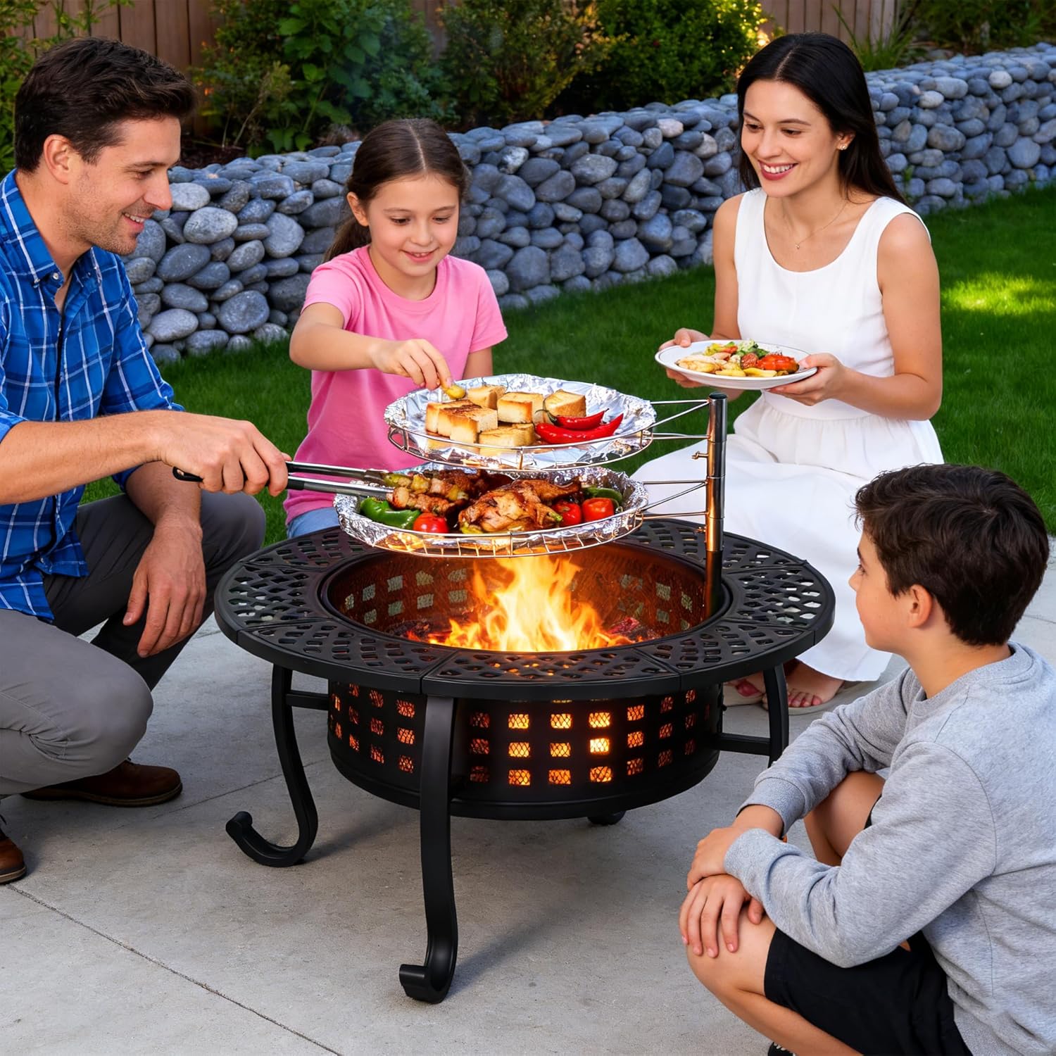 Dkelincs 36 Inch 3-in-1 Fire Pit Table, Wood Burning Outdoor Fire Pit with Rotating Grill & Lid for BBQ, Bonfire, Patio (Black)