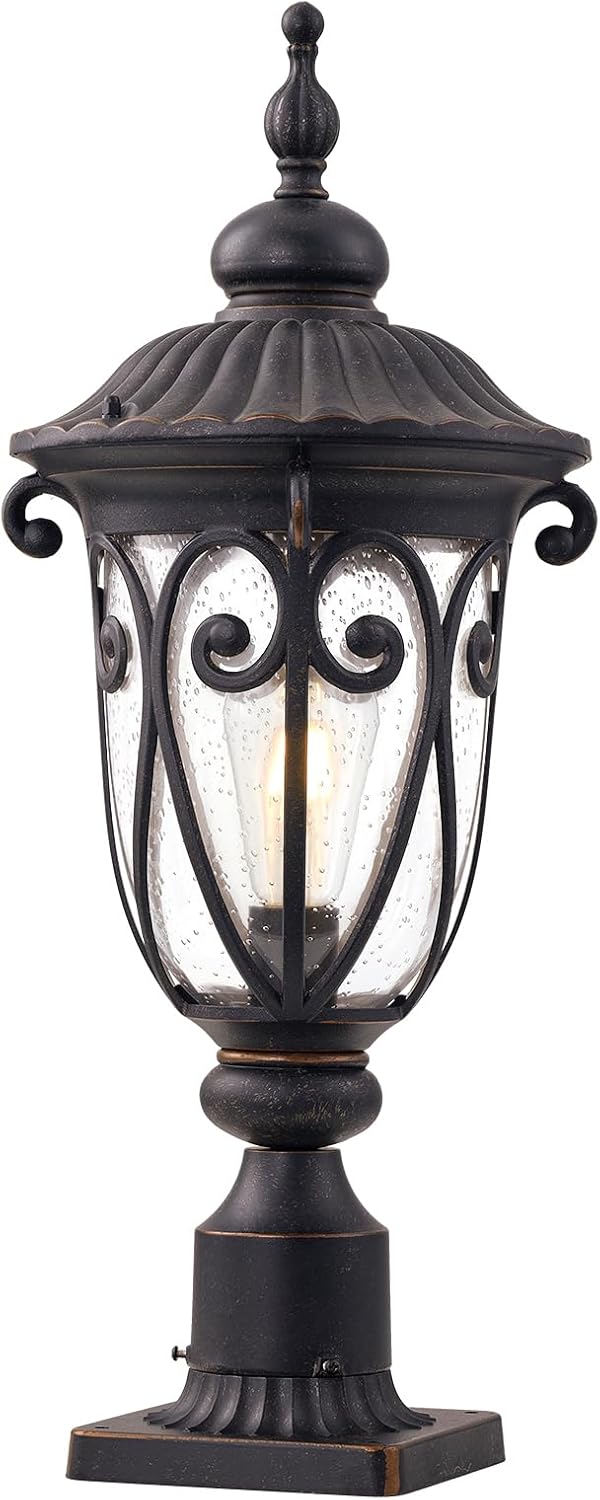 Outdoor Post Light Fixture with Pier Mount, 24 Inch High Vintage Post Lamp for Yard, Antique Bronze Exterior Waterproof Pole Lantern with Seeded Glass Shade, Aluminum, LM0519-M
