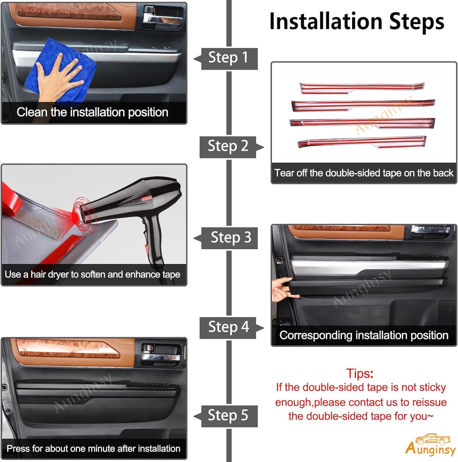 Aunginsy Inner Door Handle Armrest Panel Strips Trim Compatible with Toyota Tundra 2014-2021 Car Front Rear Door Panel Decorative Cover Protector ABS Interior Accessories (Not fit Double Cab Model!)