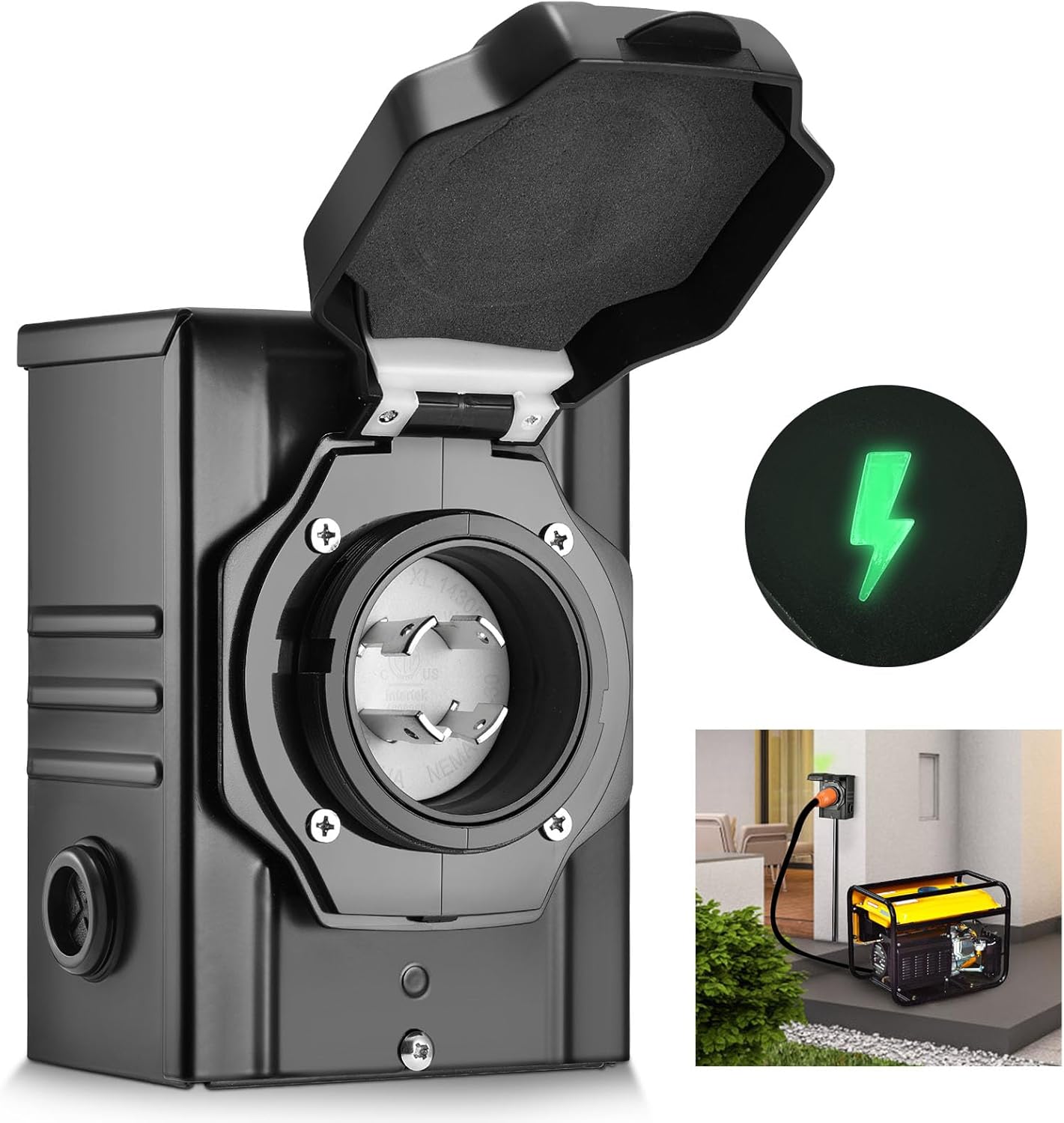 30 Amp Generator Power Inlet Box, NEMA L14-30P Power Inlet Box with 4 Power Inlet, 125/250 Volt, Up to 7500 Watts, Weatherproof Generator Inlet Box with Light Indicator,