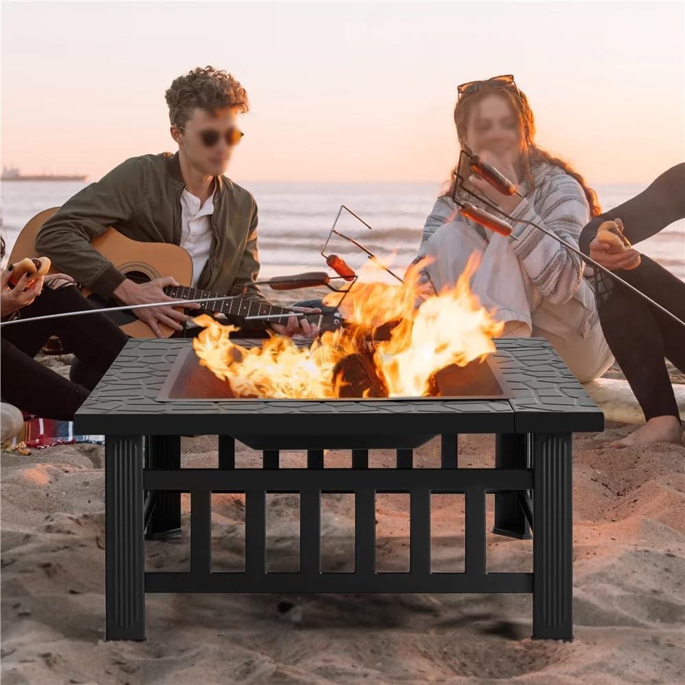 Outdoor Wood Burning Fire Pit 32 Inch, Square Metal Firepit for Outside, Multifunctional Bonfire Fire Pits Table with Mesh Lid and Poker for Backyard Heating, Garden, Patio, Camping, Black