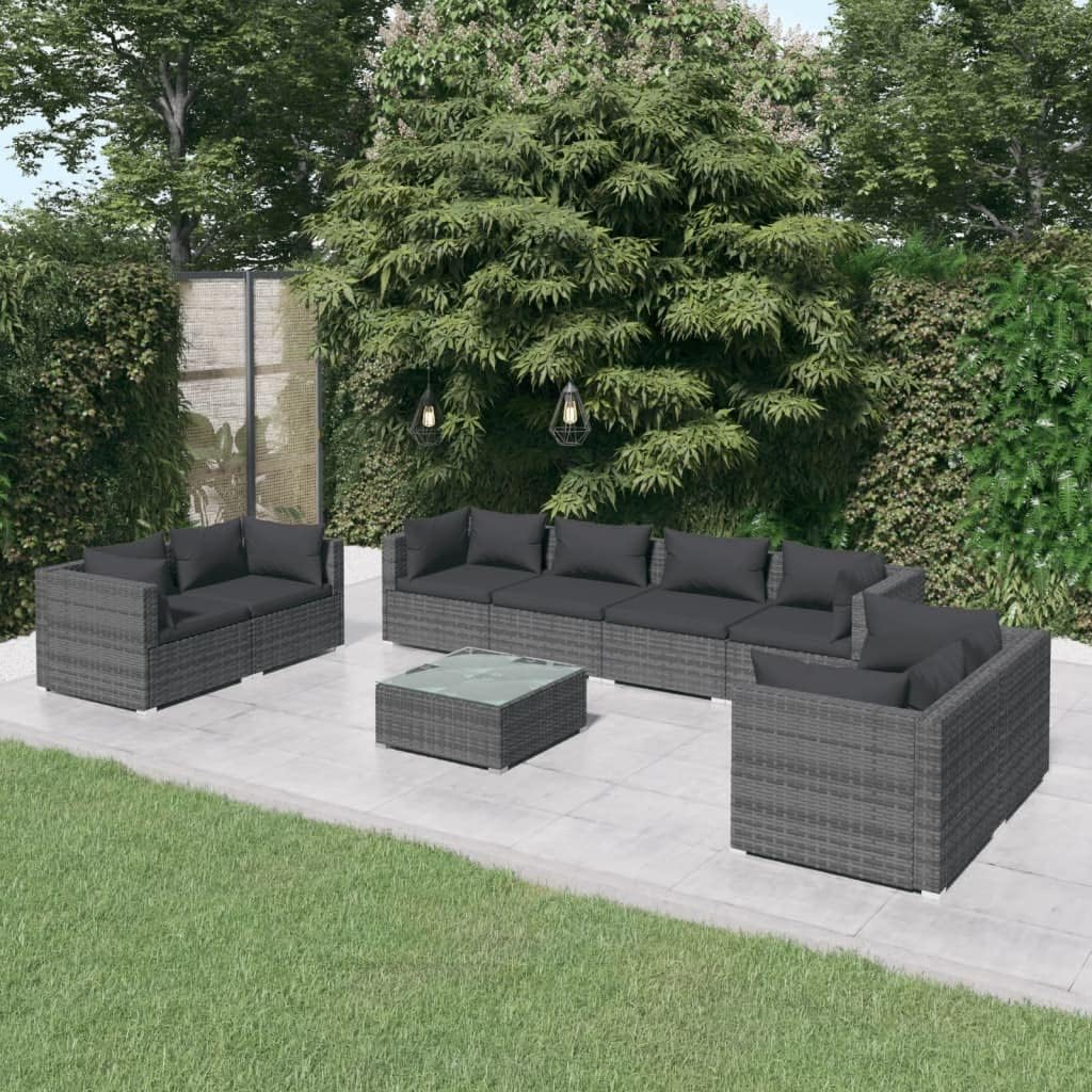 9 Piece Patio Lounge Set with Cushions Poly Rattan Gray,Modern Outdoor Lounge Set: Versatile and Comfortable Patio Furniture for Relaxing Moments Patio Furniture, Outdoor Furniture Sets