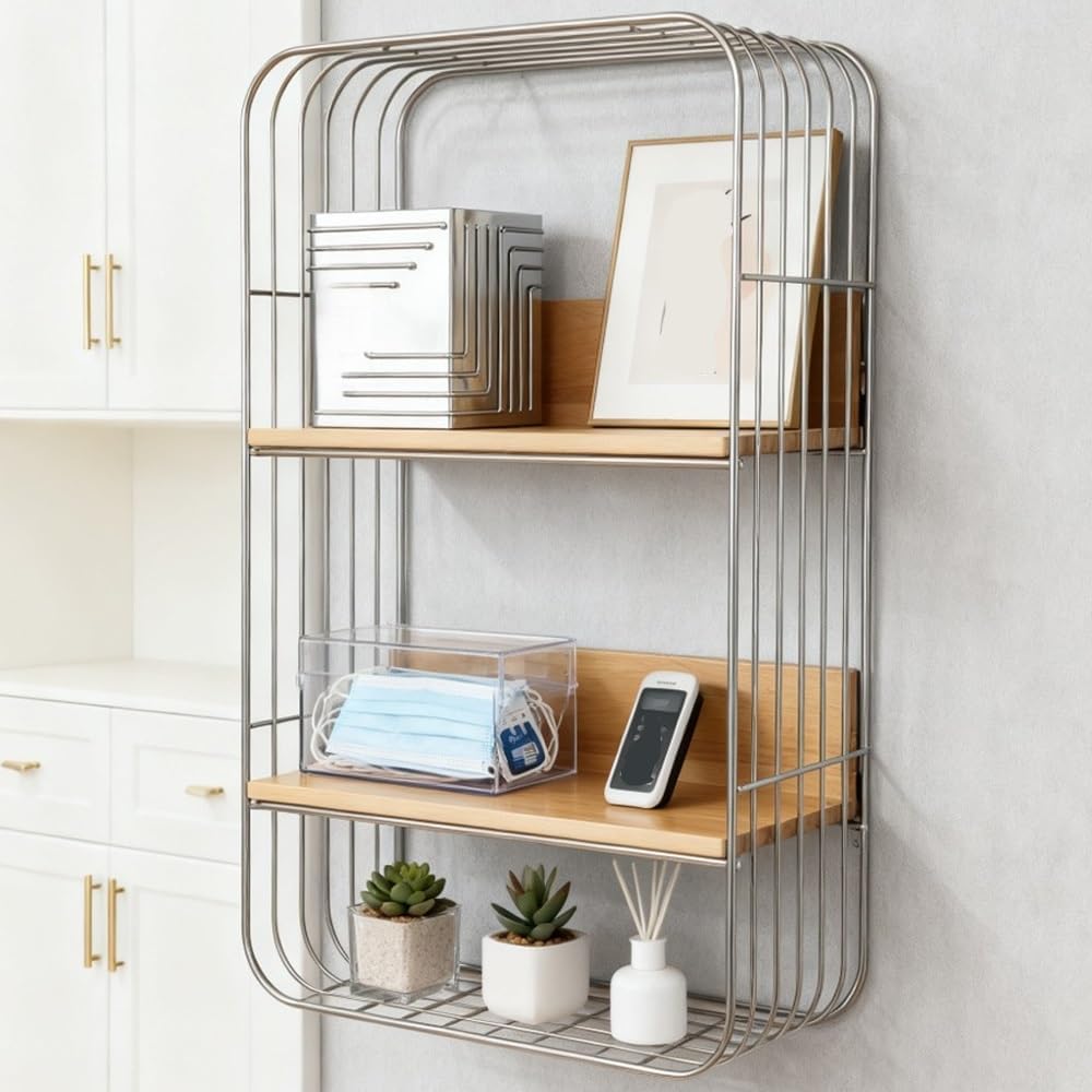 Multifunction Floating Wall Shelves, Multi-Layer Spice Rack Wall Mount, Minimalist Bathroom Shelves, Square Metal Book Shelf for Bathroom, Bedroom, Office
