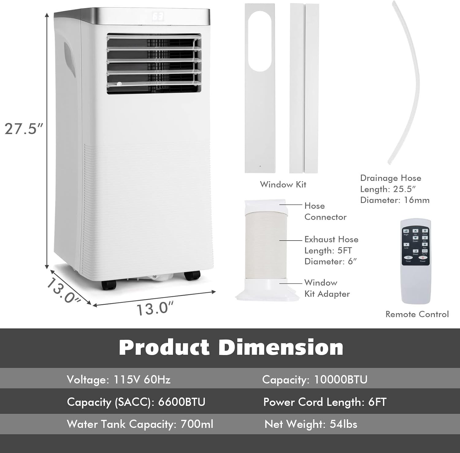 LDAILY 10000BTU Portable Air Conditioner with Remote Control, 3-in-1 Air Cooler w/ 3 Mode & 2 Wind Speeds, 24H Timer Function, Air Cooling Fan with Window Kit for Home Office, White (10000BTU)