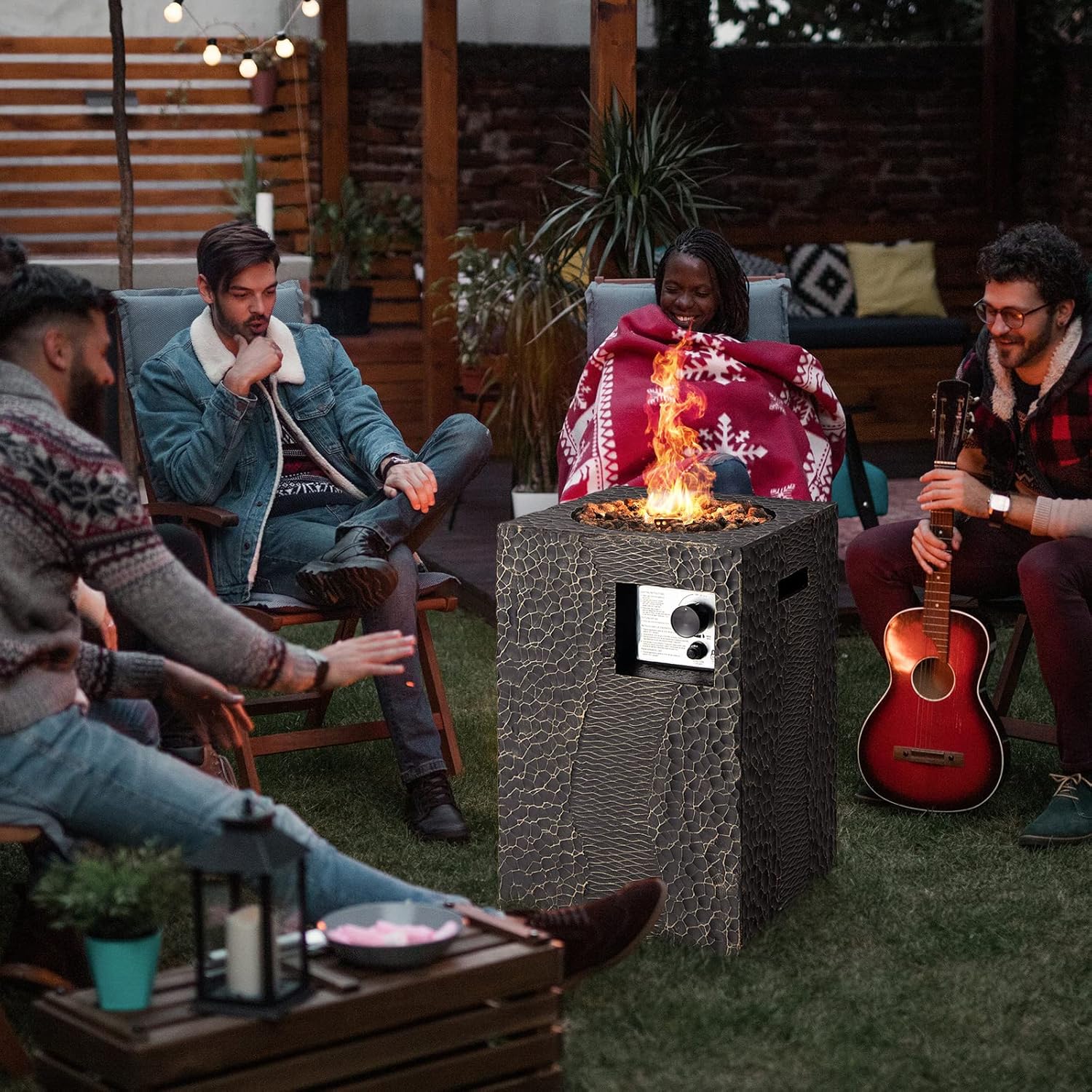 COSTWAY 16-Inch Outdoor Propane Fire Pit, 30,000 BTU Patiojoy Electronic Ignition Square Gas Fire Pit with Protective Cover, Lava Rocks, Touch-up Pen for Backyard, Black