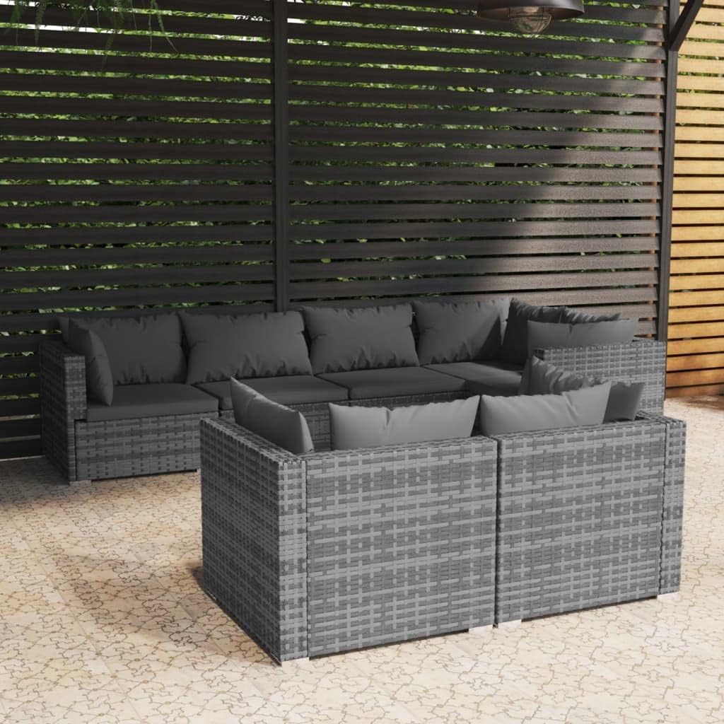 Patio Set 7 Piece Patio Lounge Set with Cushions Gray Poly Rattan