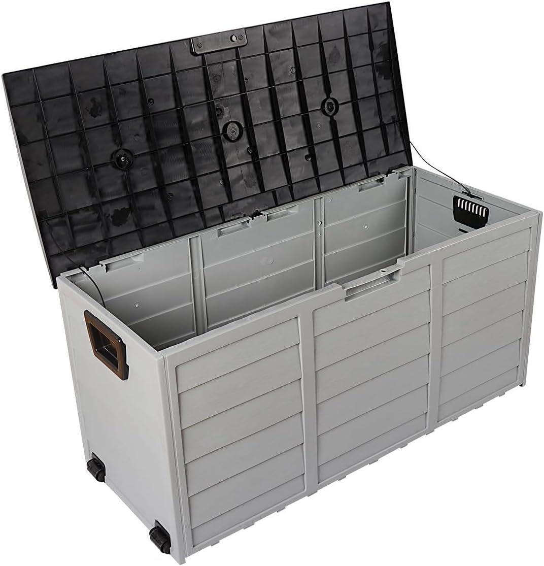 75-Gallon Resin Deck Storage Box – Outdoor Patio Container with Side Handles, Lockable Design for Furniture Cushions, Pool Gear & Garden Tools
