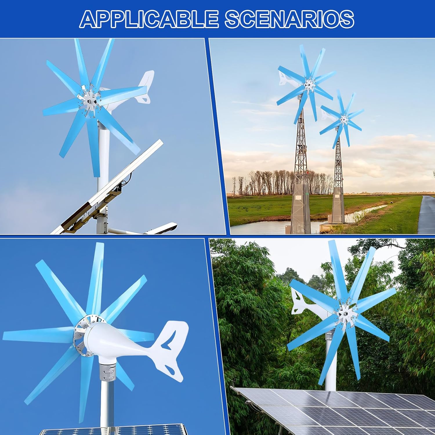 100/200/300/400W Wind Generator Kit, 8-Blade Turbine with MPPT Controller, Low Start Wind Speed for Hybrid Solar Wind System, Home, RV Blue-400W