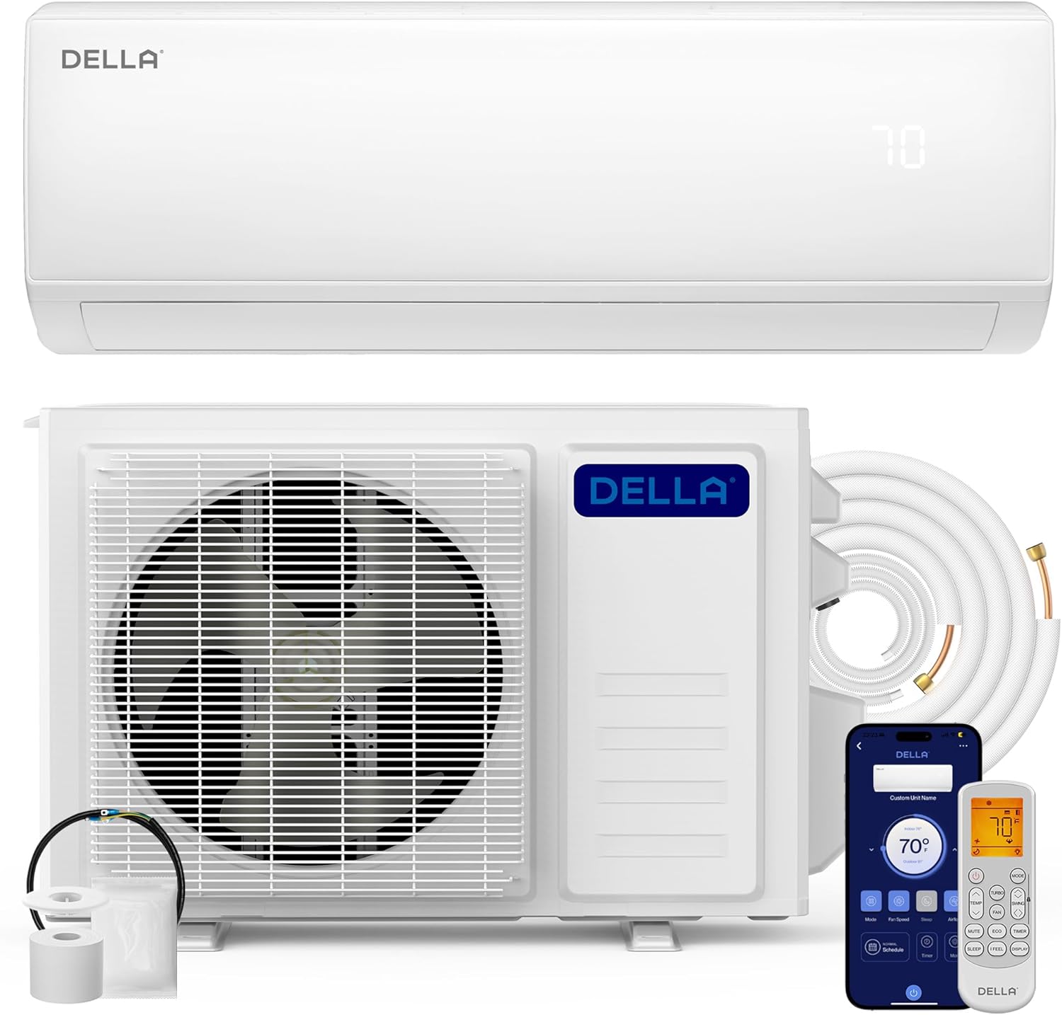 DELLA Econo Series 11500 BTU 115V Mini Split Air Conditioner, Works with Alexa and Wifi, 17 SEER2 Cools up to 400 Sq. Ft, Heater Ductless Inverter System with Heat Pump, 16.4ft Installation Kit