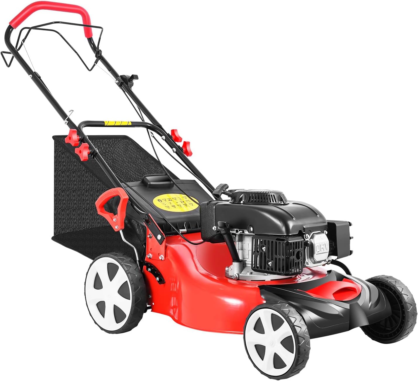 20 inch 140cc 4-Stroke Lawn Mower Gas, 4000W 3-in-1 Self-Propelled Gas Powered Lawn Mower w/Grass Collecting Bag, 8 Gear Height Adjustment Gasoline Lawnmower for Small to Medium Sized Yards