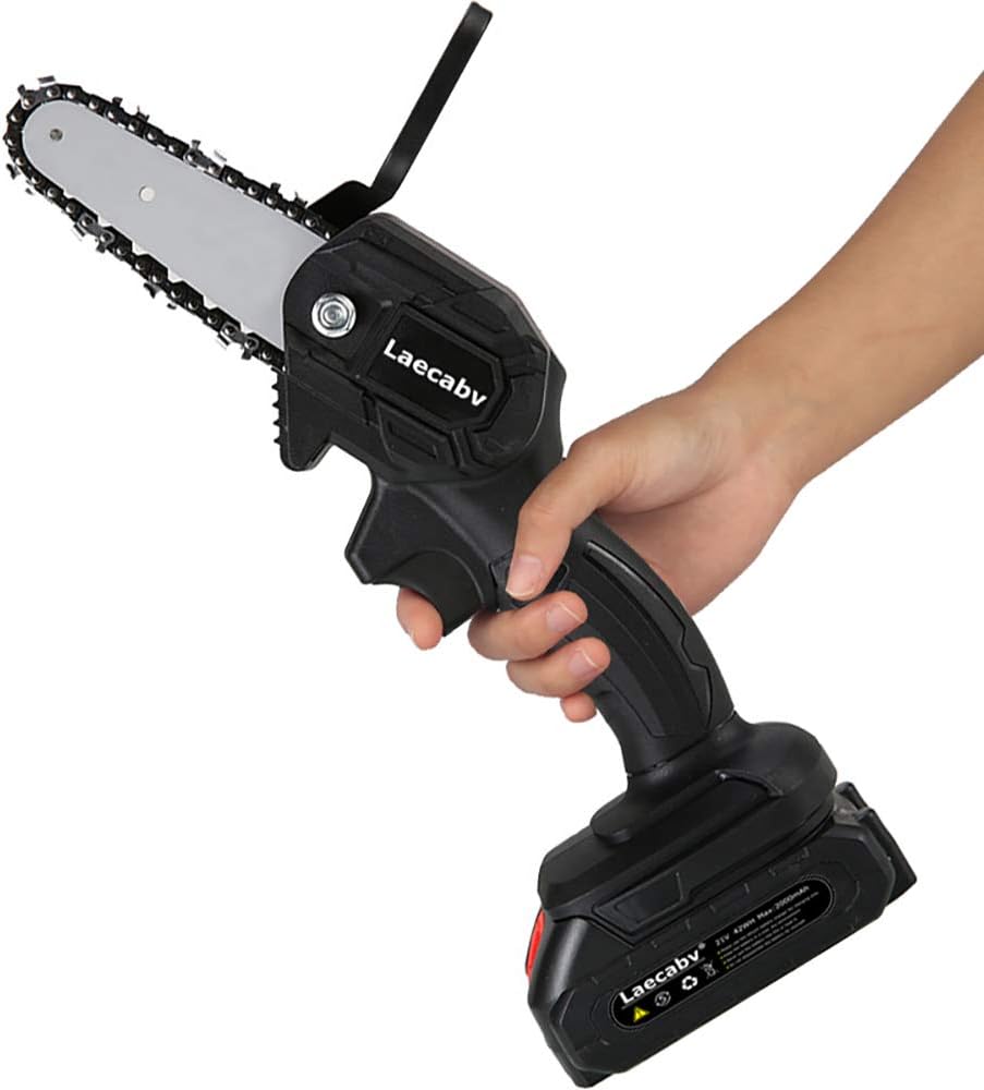 Laecabv Mini Chainsaw 4-Inch Electric Pruning Saw One-Handed Battery Powered Cordless Chain Saw for Garden Tree Branch Logging Wood Cutting (Black)