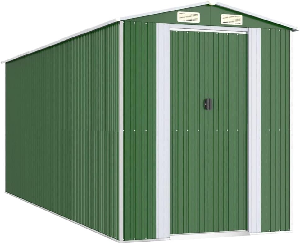 vidaXL Galvanized Steel Garden Shed - Large Outdoor Storage House with Double Sliding Doors - Green