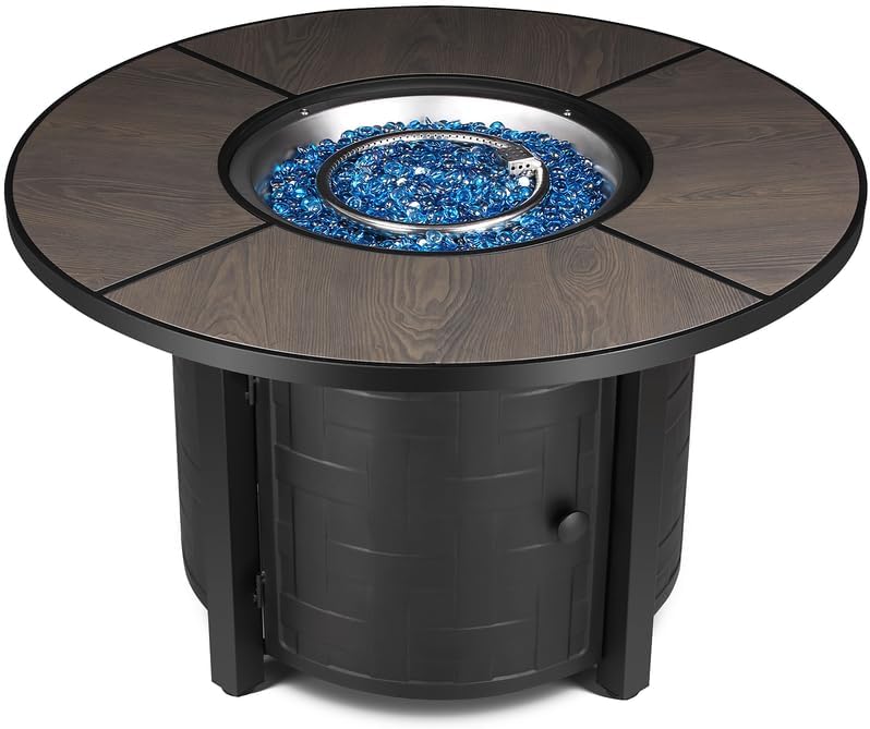TLGREEN Outdoor Propane Firepit Table, 42Inch, 50,000 BTU Auto-Ignition Rounded Fireplace with Waterproof Table Cover, Lid and Blue Stone,for Patio and Garden
