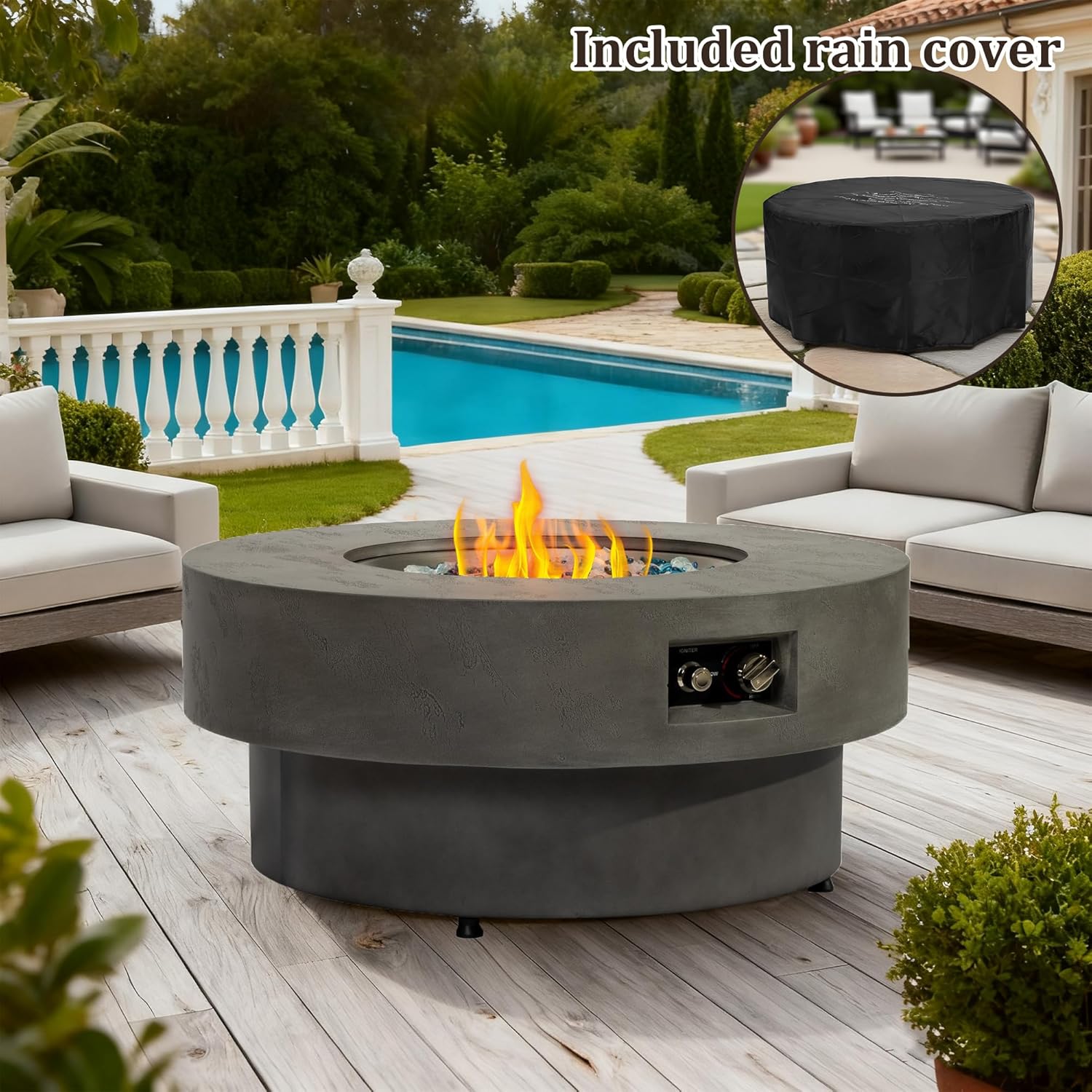 34-Inch Propane Fire Pit Table with Lid, 2-in-1 Patio Coffee Table, 50,000BTU Outdoor Gas Fire Pit Table with Burner Lid, Glass Rocks & Cover for Patio Deck Garden