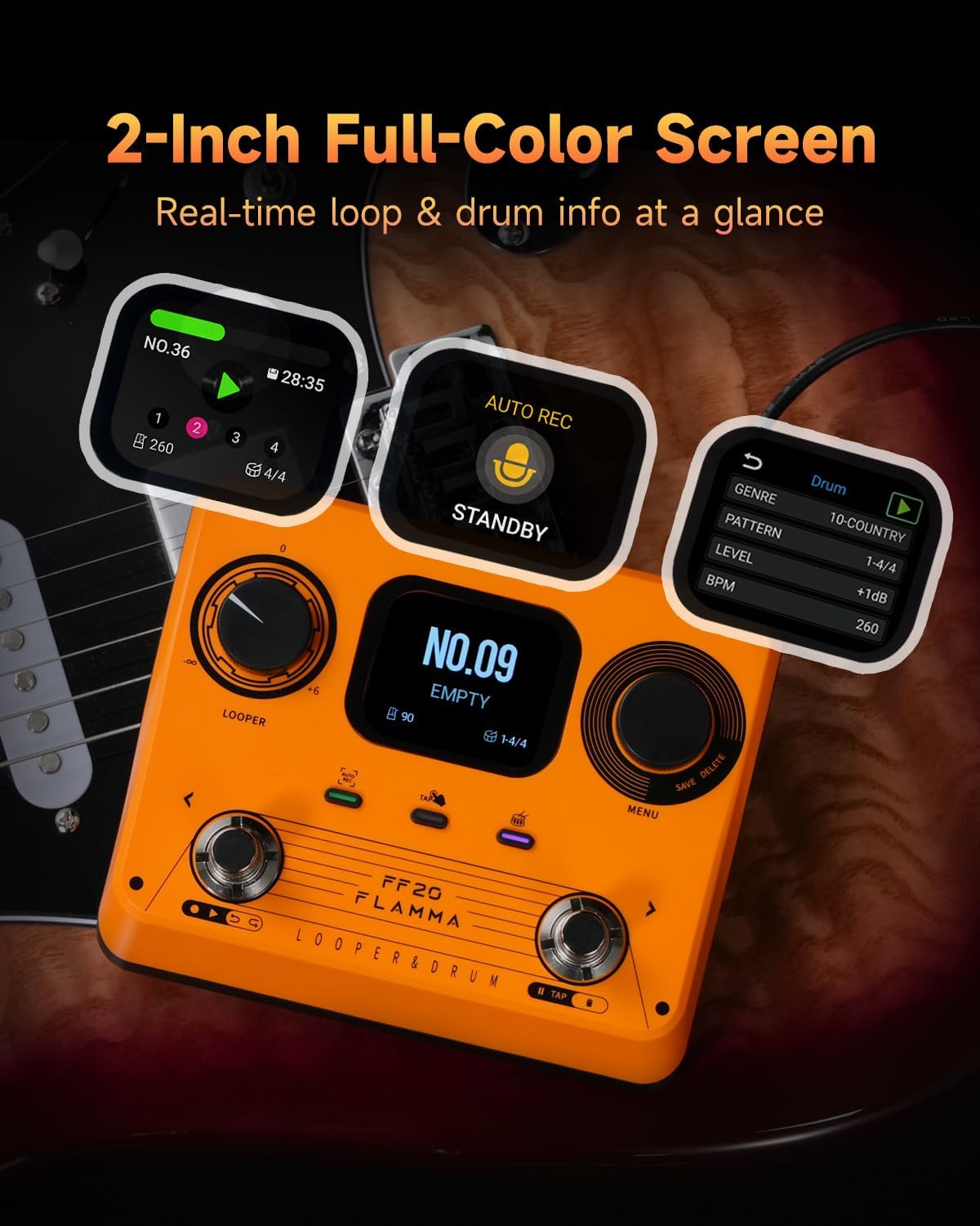 FLAMMA FF20 Looper Pedal Drum Machine, Drum Looper Guitar Pedal with Screen, 300 Min Recording, 220 Drum Grooves, 100 Loop Slots, Time Stretch, Auto Record, USB & Headphone Out, for Guitar and Bass