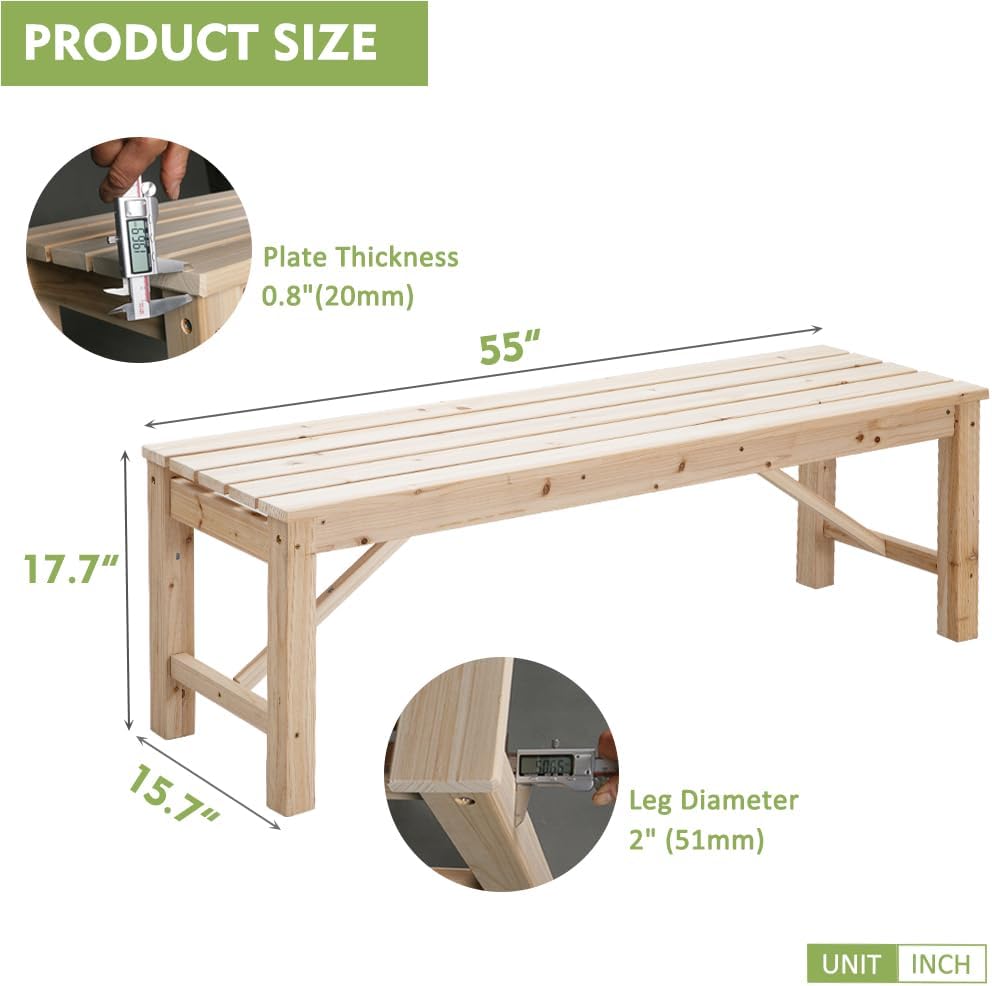 Outdoor Wood Bench Indoor Backless Porch Rustic Square Fir Log Solid Wood Fire Pit Bench for Patio Garden Deck and Backyard, 55