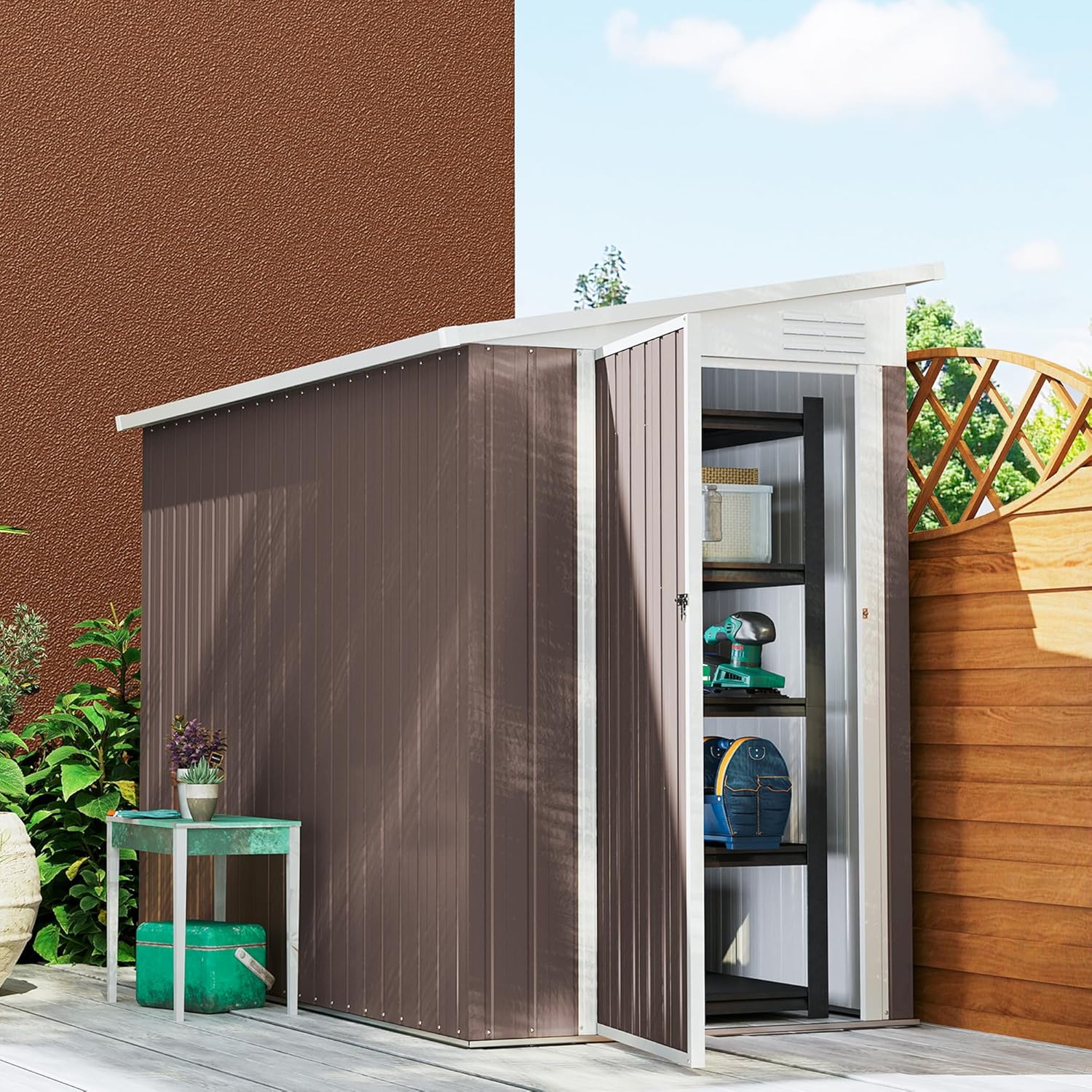 Outsunny 4' x 8' Metal Outdoor Storage Shed, Lean to Storage Shed, Garden Tool Storage House with Lockable Door and 2 Air Vents for Backyard, Patio, Lawn, Brown