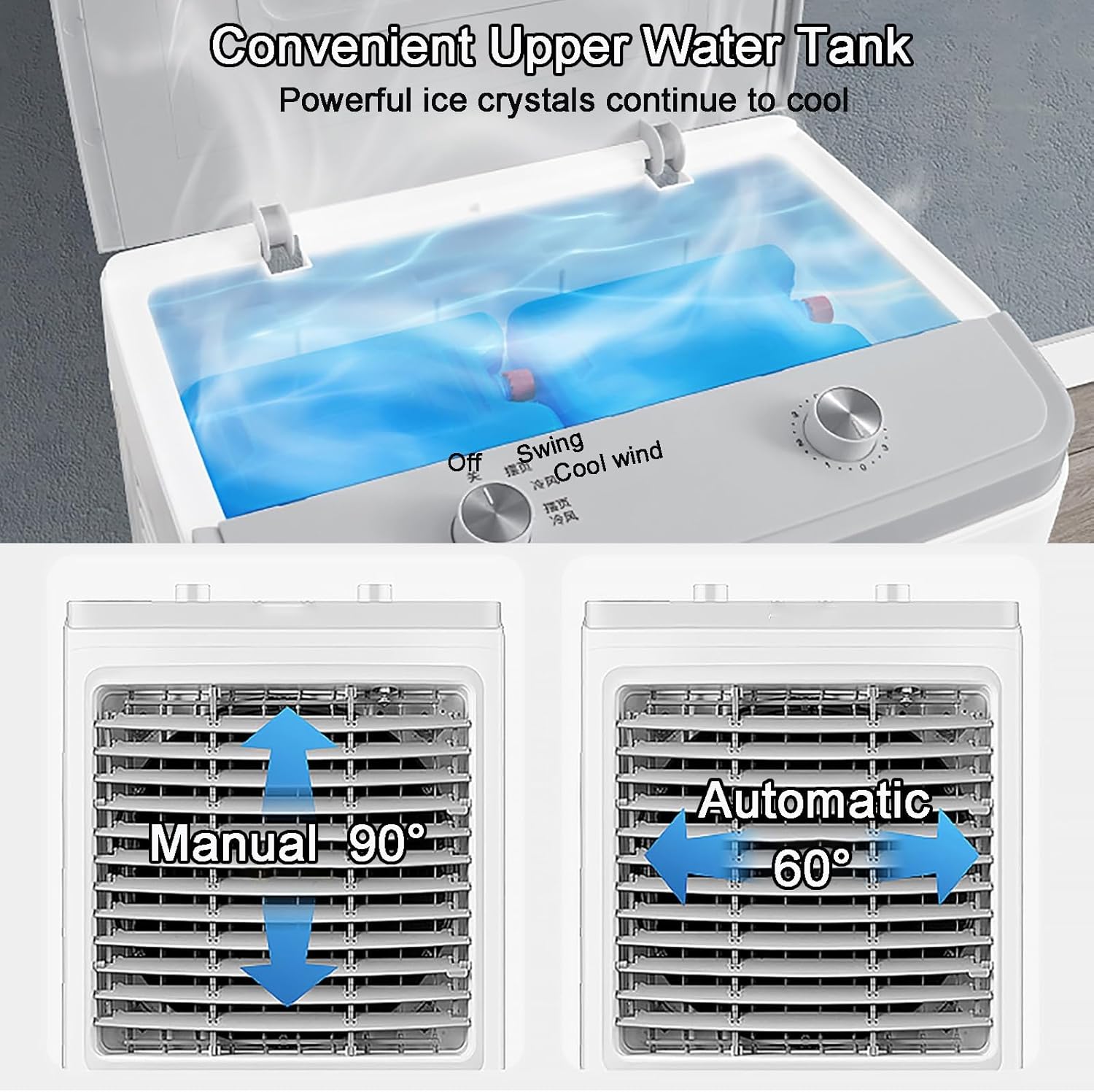 7.9 Gal Portable Swamp Cooler, 3-in-1 Evaporative Air Cooler with Auto Oscillating, 3 Speeds, 12h Timer & 4 Ice Packs, Windowless Air Conditioner for Backyard, Garage, Patio, Indoor