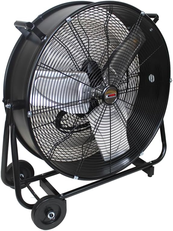 K Tool International 77741 24” Belt Drive Drum Fan with Wheels, High-velocity, 2-Speed, Cut-off Protection, 7850 Max CFM, cUL listed, Used in Warehouses, Shops, Greenhouses, Barns, Gyms, Black