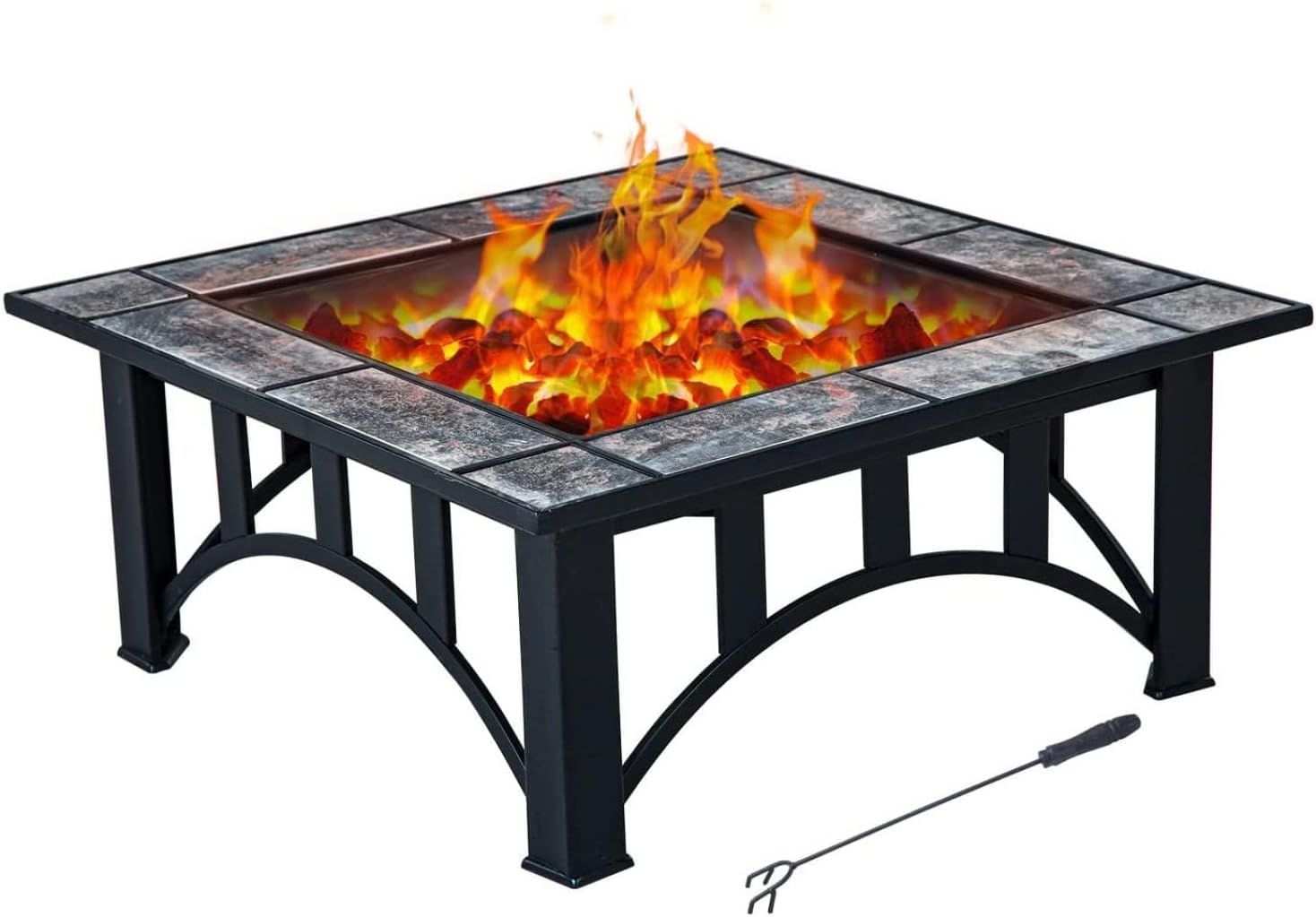 35 Inch Outdoor Patio Fire Pit Table, Wood Burning Square Marble Tile Top, Durable Alloy Steel Fire Table for Backyard, Garden, and Outdoor Gatherings