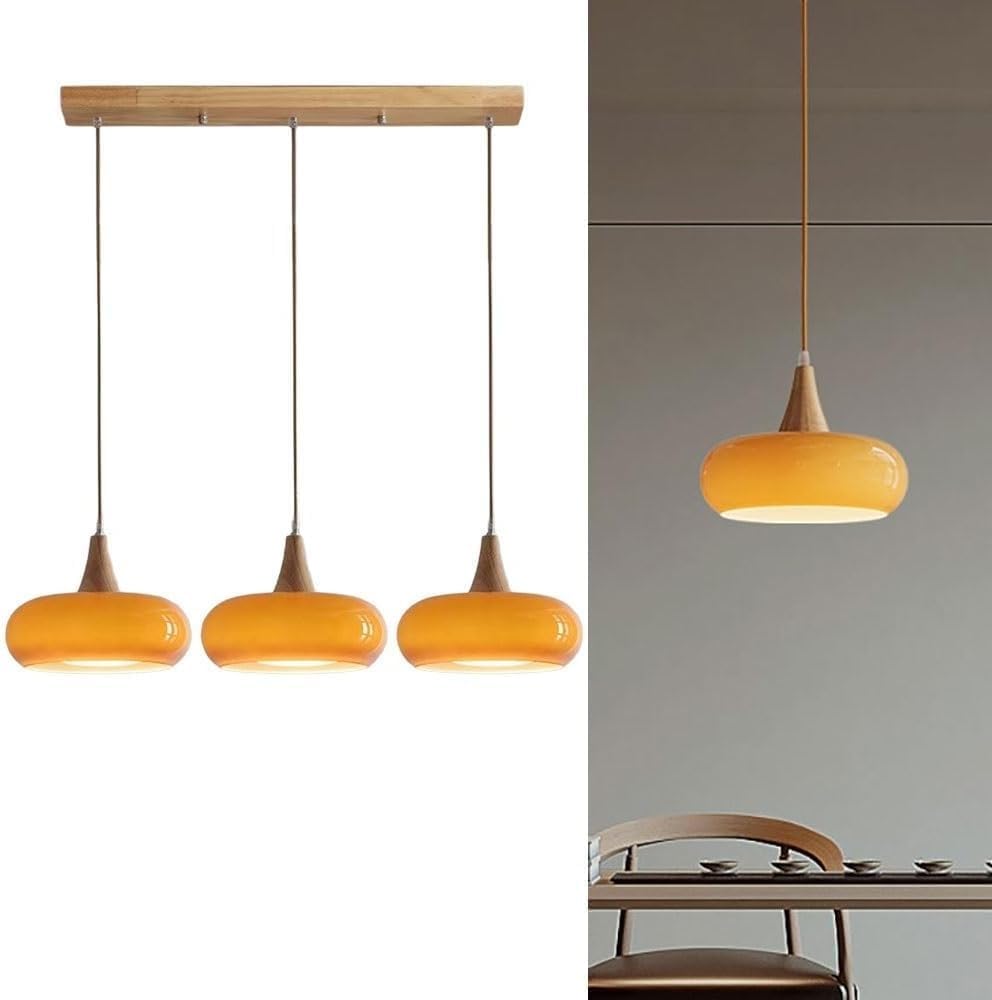 Mid Century Modern 3 Light Linear Pendant Light, Height Adjustable Milk Glass Dimmable LED Chandelier, Wood Accent Hanging Lamp for Kitchen Dining Living Room Lighting Fixture(Orange,70cm)