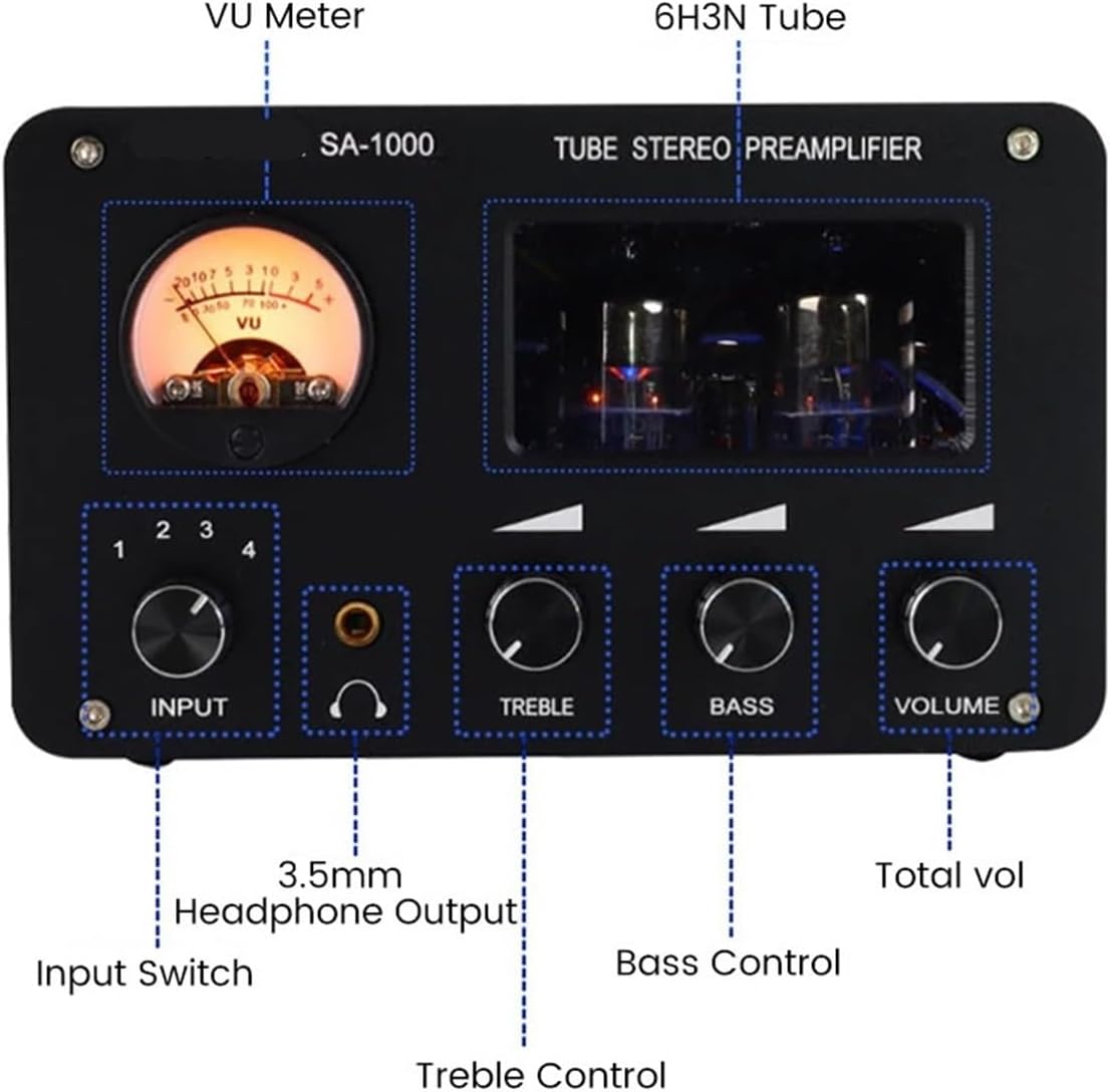 12V SA-1000 Tube preamplifier 4 Input 2 Output Headphone Amplifier high and Low Tone Adjustment Audio Amplifier