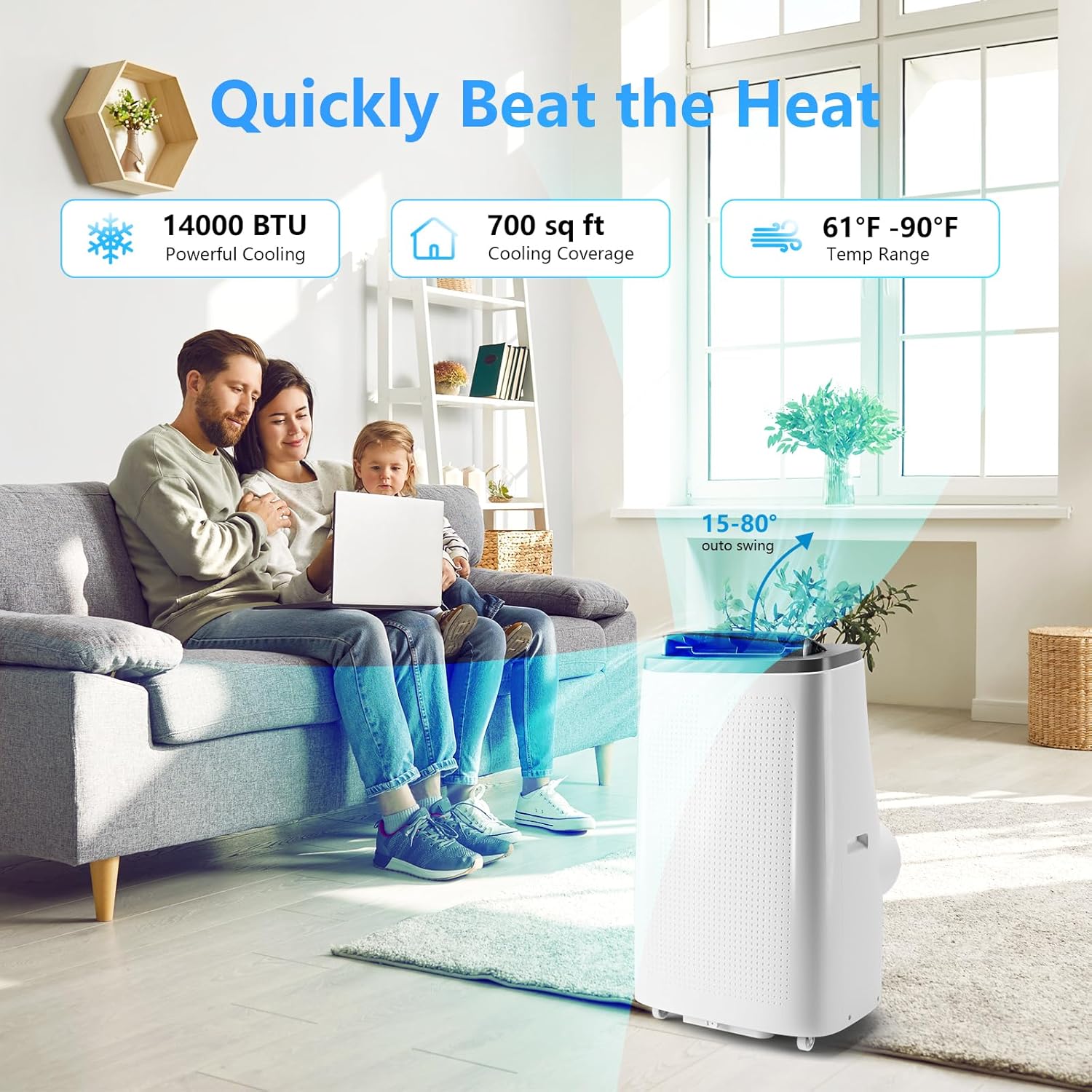 14000 BTU Portable Air Conditioner with Remote Control,Quiet AC Unit 3 in 1 Cooling/Dehumidifying/Fan Modes, Ideal for Rooms up to 700 sq ft,Window Installation Kit for Home