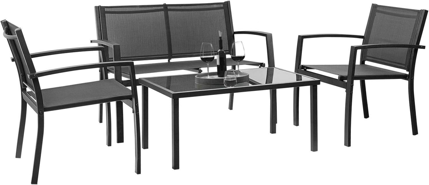 Devoko Outdoor Furniture Set 4 Piece Patio Conversation Sets Porch Furniture with Lawn Chairs & Glass Coffee Table for Garden Poolside (Black)