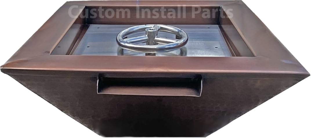 18 Inch Square Hammered Copper Metal Outdoor Propane or Natural Gas Fire Pit with Waterfall Fountain Water Feature