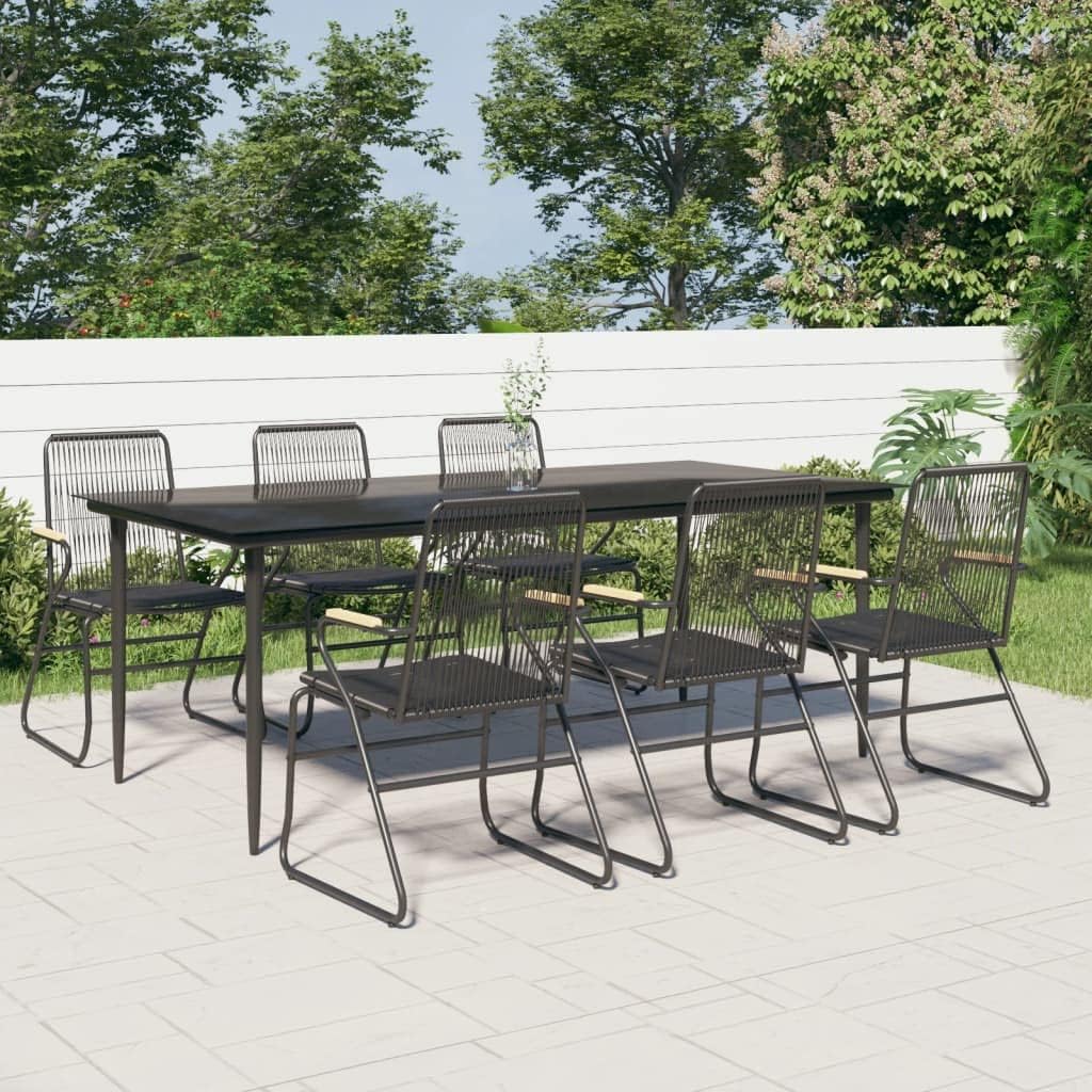 7-Piece Modern Garden Dining Set, Black Rectangular Outdoor Table and Chairs, Powder-Coated Steel Frame, Synthetic PVC Rattan Patio Furniture Set for 6 People