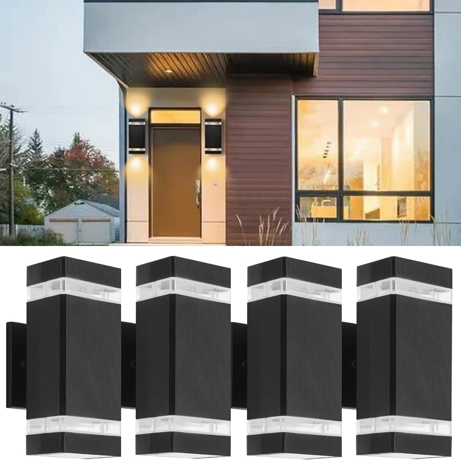 LED Outdoor Wall Light, 4 Pack Square Up and Down Exterior Lighting Fixture Wall Mount, Modern Aluminum Porch Light Waterproof Outside Lights for House