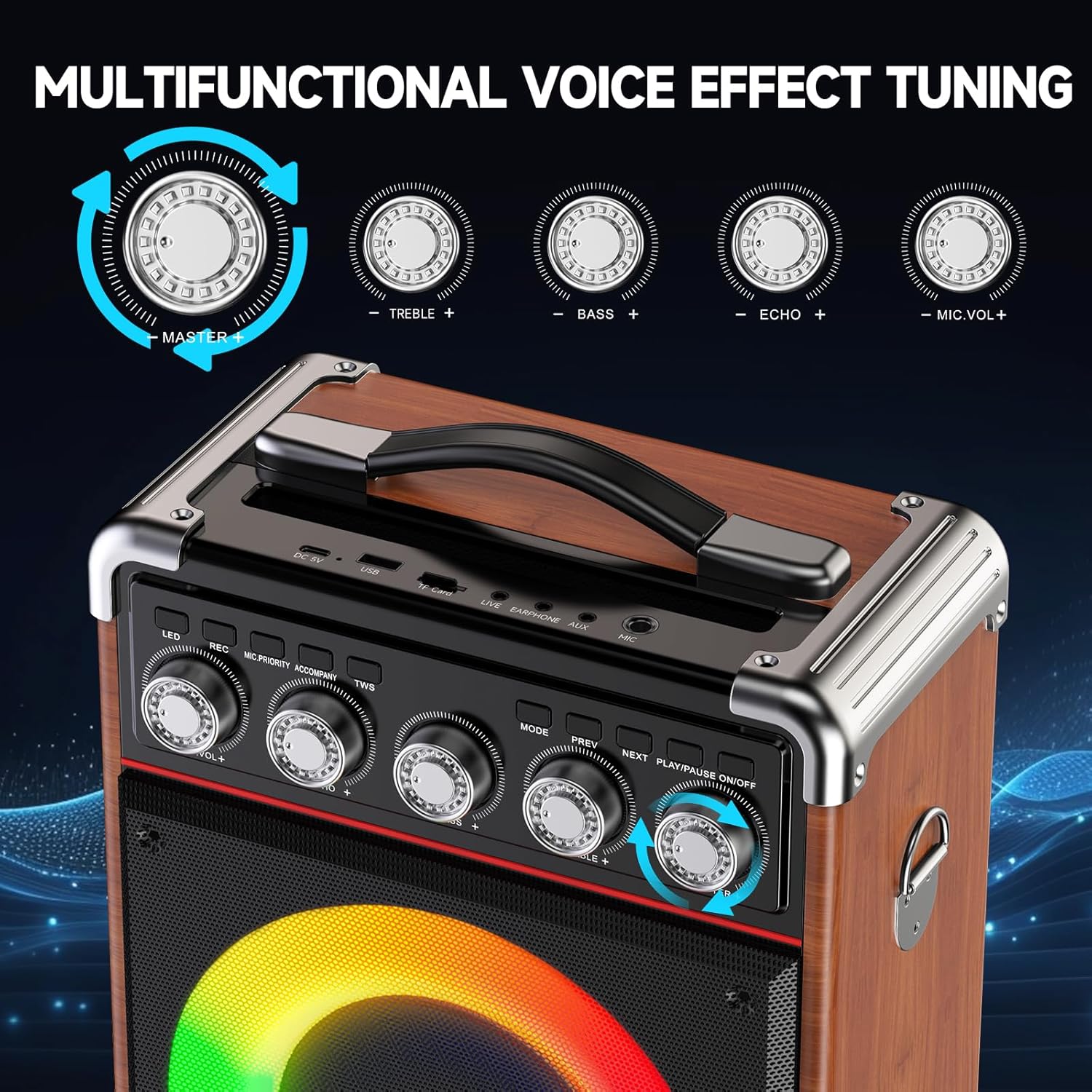 Karaoke Machine with 2 Microphones: HWWR Portable Karaoke Machine for Adults Kids Gifts, Party Bluetooth Speaker with Bass/Treble PA System with Remoter DJ Lights Support TV/REC/USB/AUX/TF (100W WOOD)