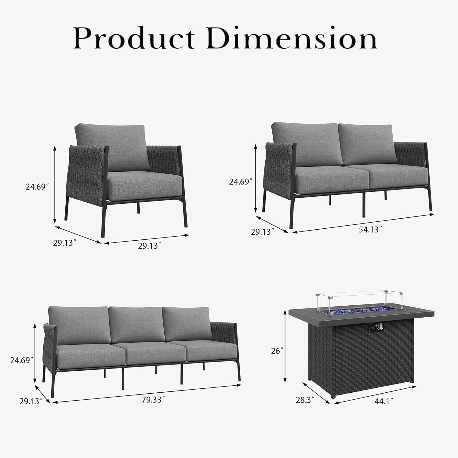 LayinSun 7 Piece Outdoor Furniture Set with Fire Pit Table, Modern Rope Woven Patio Conversation Sofa Set with Olefin Braid and Deep Seating