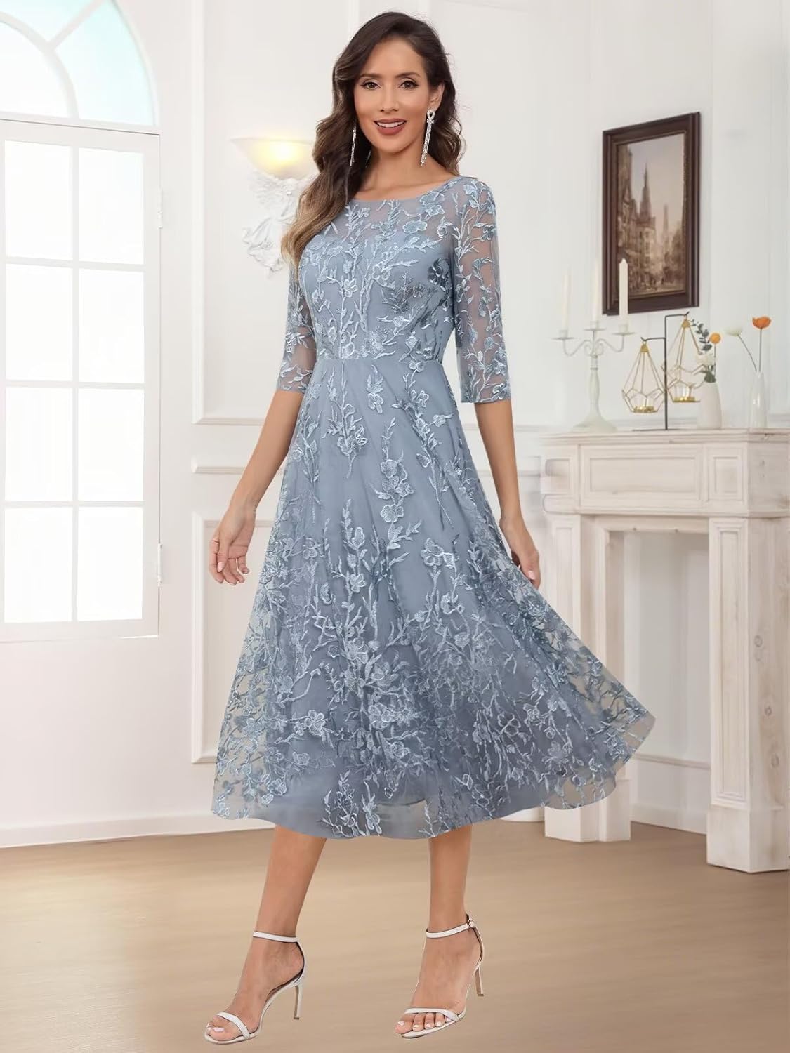 Lace Applique Mother of The Bride Dresses A Line 3/4 Sleeve Evening Formal Cocktail Dresses for Women