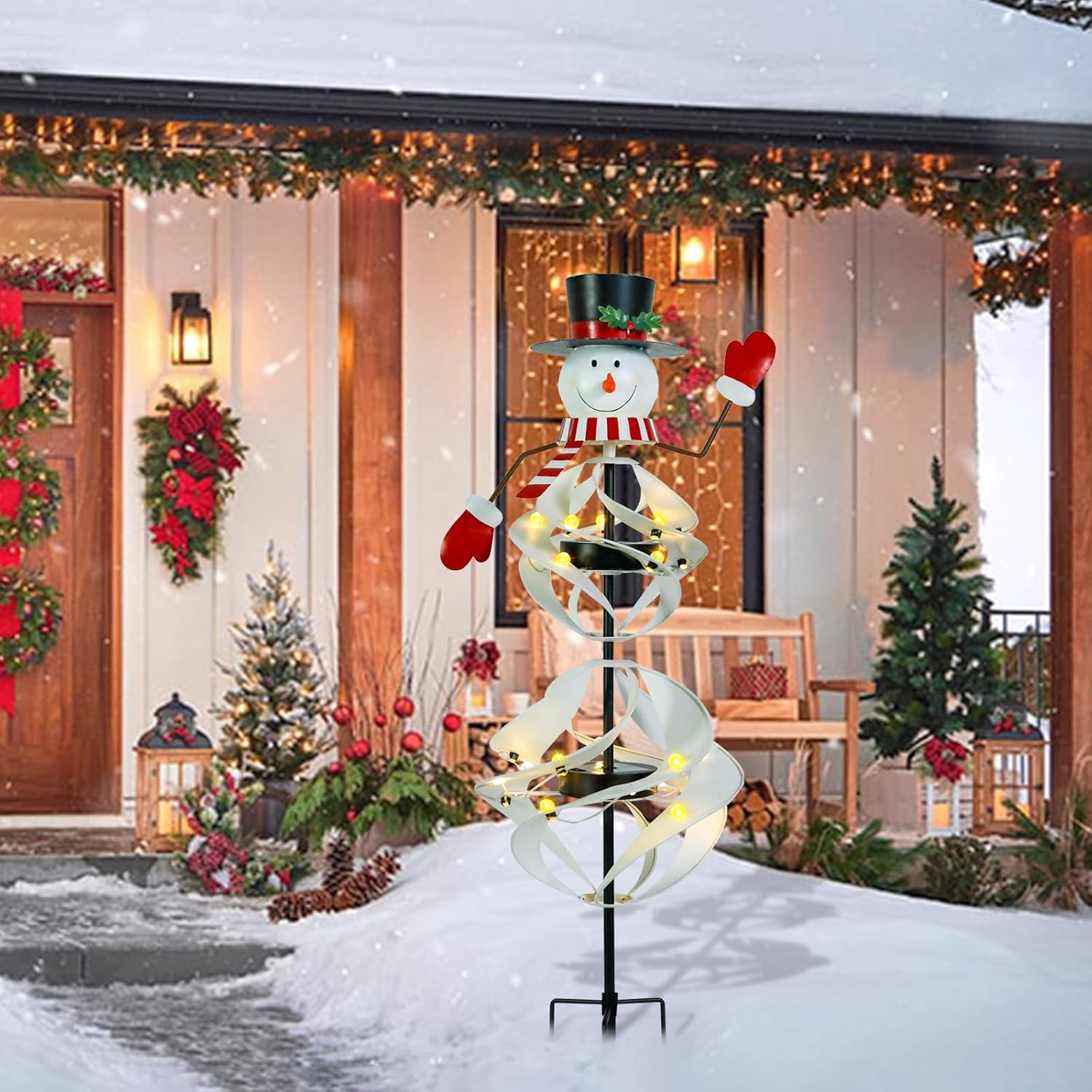 Outdoor Christmas Decorations Snowman Solar Wind Spinner Lighted Christmas Yard Stakes Outdoor Xmas Metal Wind Spinner Stake for Garden Lawn Pathway Party Decoration