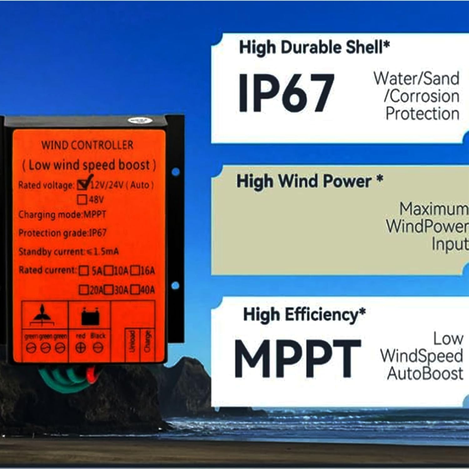 3000W Wind Turbine Charging Controller, MPPT Wind Turbine Controller, 16A-40A IP67 Waterproof Wind Turbine MPPT Controller
