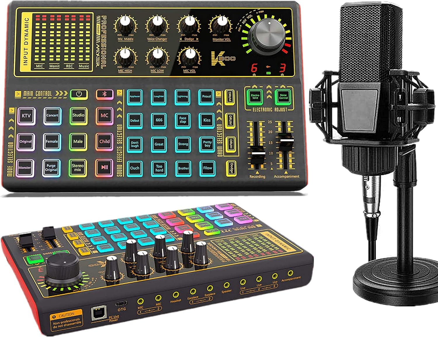 K300 Podcast Equipment Bundle, With Podcast Condenser Microphone, Voice Changer Sound Card with Multiple Sound Effects and LED Light, Prefect for Streaming/Podcasting/Gaming/Recording/YouTube/PC