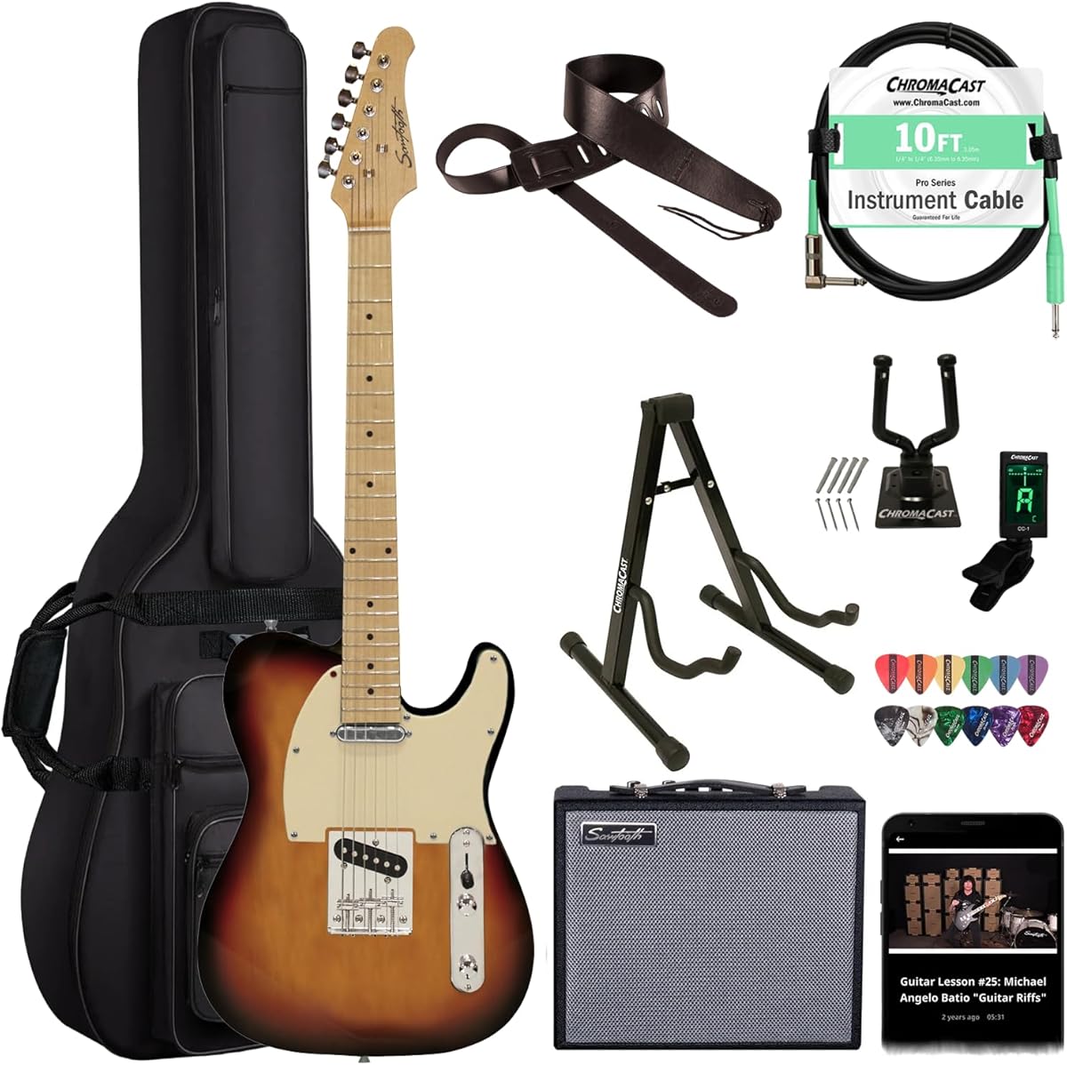 Sawtooth Sunburst ET Series Electric Guitar w/Aged White pickguard - Includes: Accessories, Amp & Gig Bag