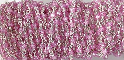 JEWELZ 5 feet rose quartz cubic zirconia beaded chain - 925 silver plated wire wrapped chain - faceted rosary beaded chain - beads 2.5-3mm