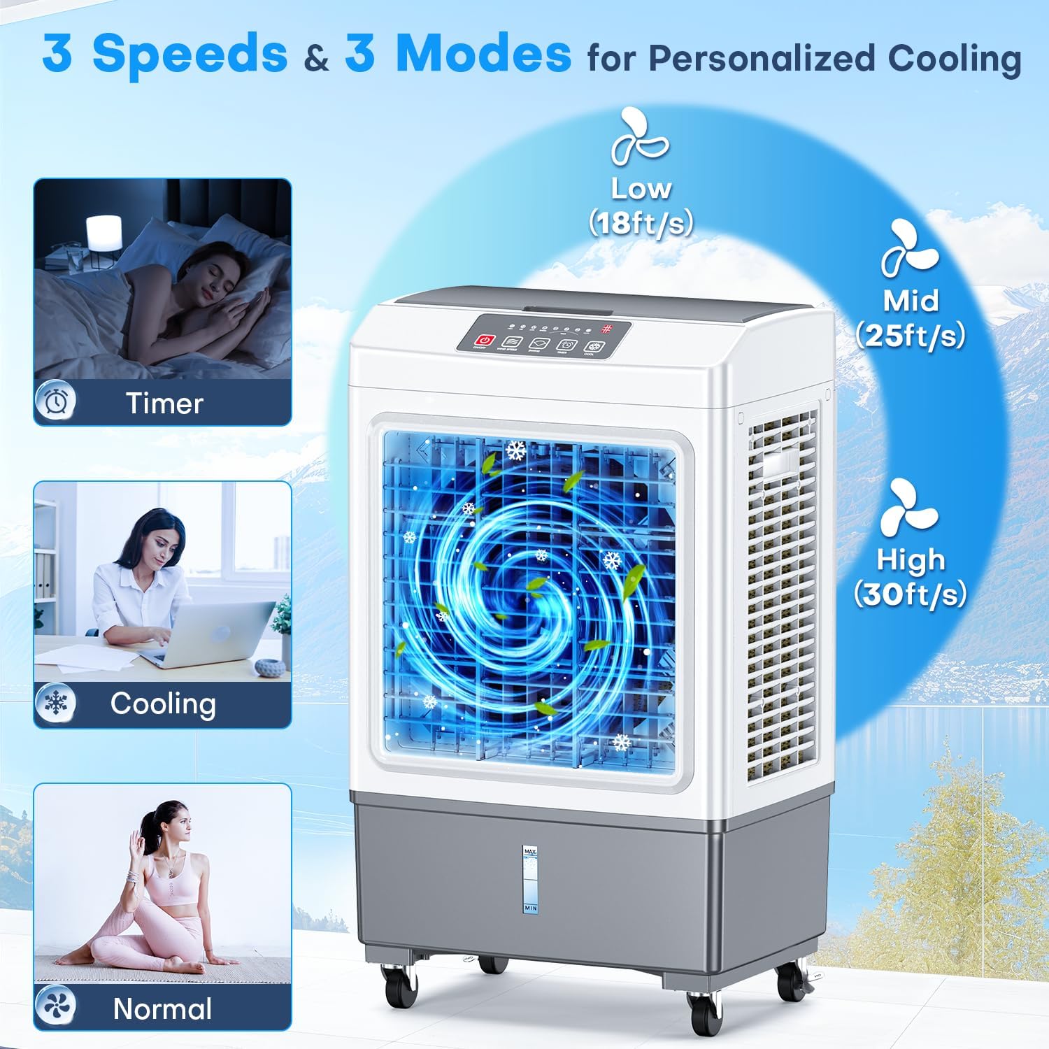 FANCOLE Evaporative Air Cooler, 2100CFM Windowless Air Conditioner Cooling up to 700 Sq.ft, Swamp Cooler Air Conditioner w/2 Modes & 3 Speeds, 7H Timer & Remote, Portable for Room Garage Patio