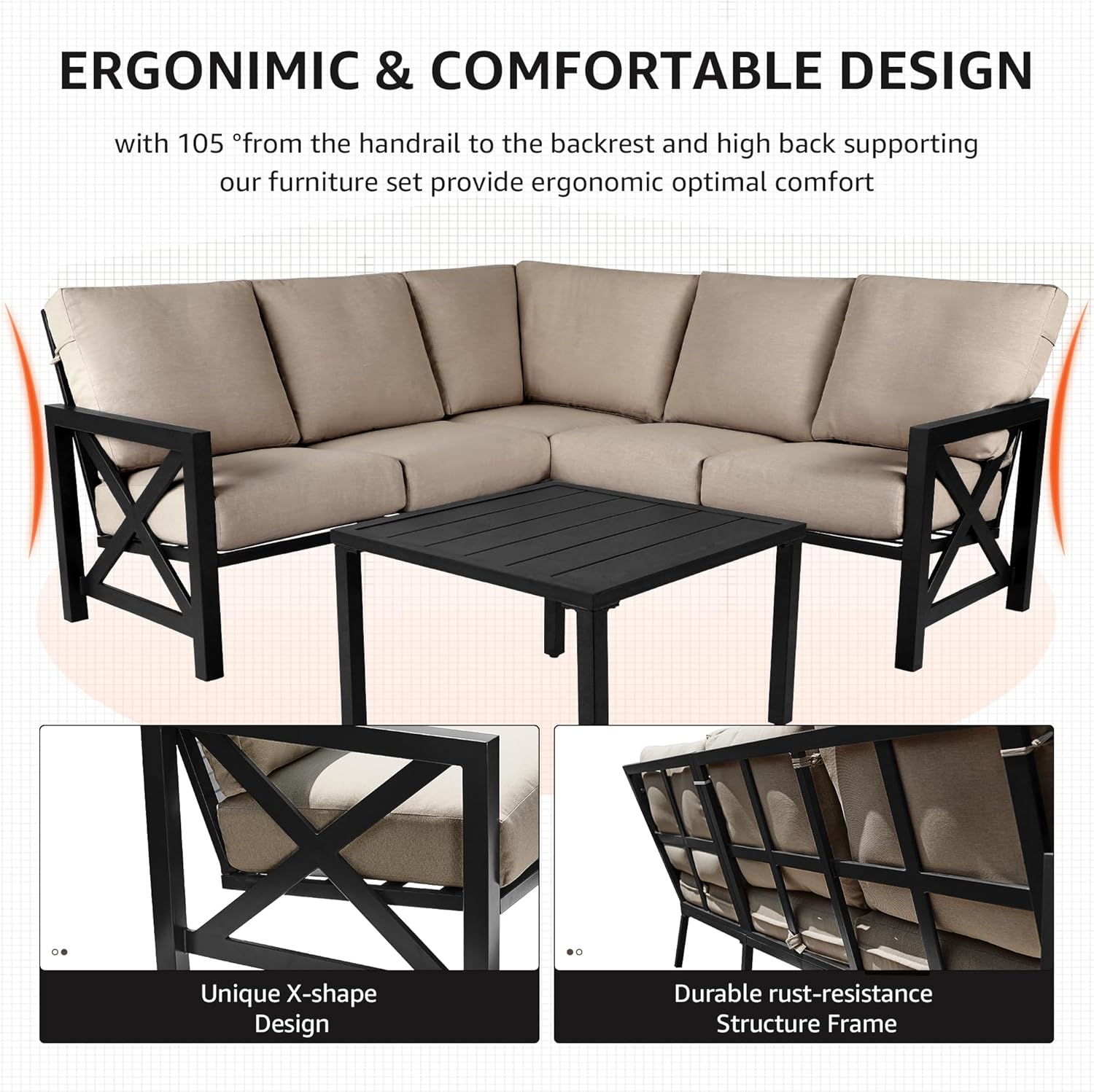 NATURAL EXPRESSIONS 6 Pieces Patio Furniture Sets,Outdoor Furniture Sets Metal Patio L Shape Sectional Couch Sofa Conversation Sets with 6.5