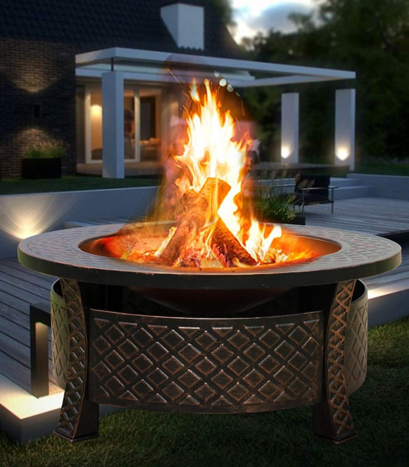Fire Pits Outdoor 32-inch Bonfire Pit, Wood Burning Fire Bowl, Grill with Mesh Spark Screen Cover Grate Poker
