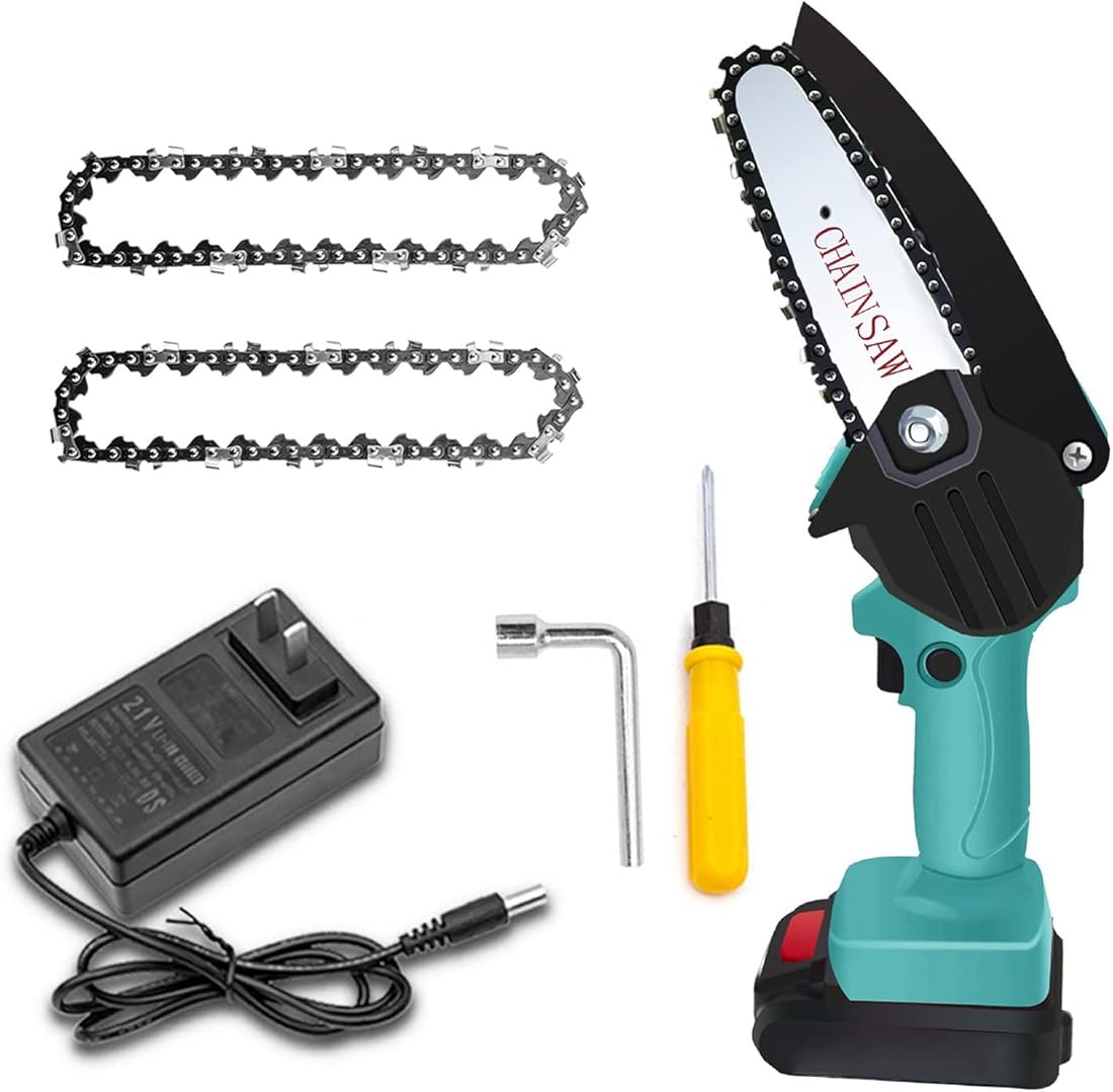 Mini Chainsaw Cordless, 4 Inch Battery Powered Chainsaw, Splash Guard & Switch Security Lock, 2 Pcs 24V Rechargeable Battery, Handheld Portable Electric chain saws for Wood Cutting, Tree Pruning