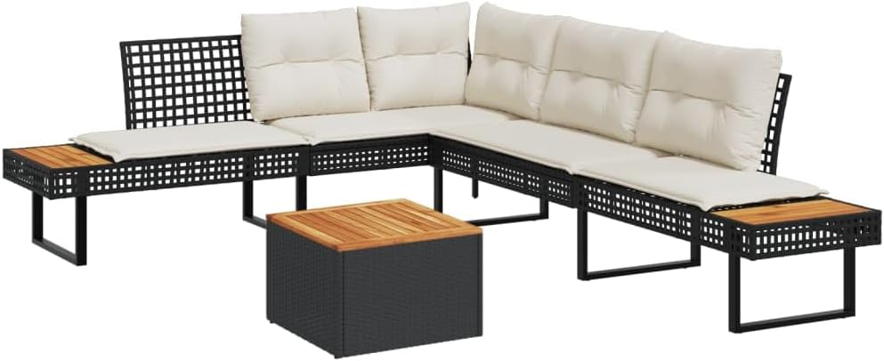 L-Shaped Garden Sofa Set, Black Poly Rattan, Solid Acacia Wood, Outdoor Patio Furniture for 6 People, Weather Resistant Balcony Dining